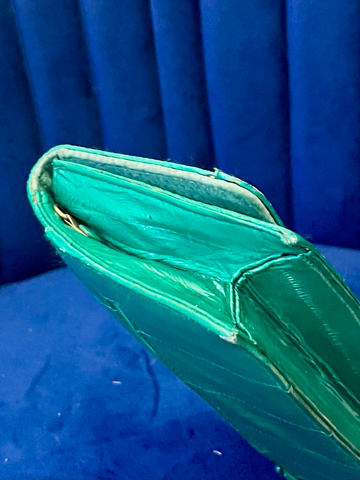 Emerald Green Eel Skin Crossbody Clutch w Mirror | Glossy Exotic Leather Bag