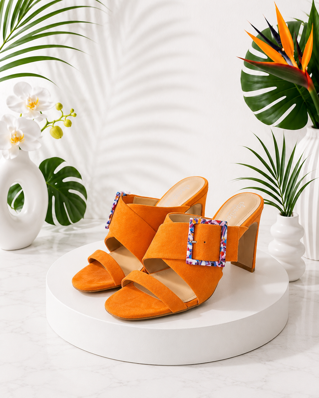 Charles by Charles David Orange Suede Mule Heels w Multicolor Resin Buckle – Size 6.5