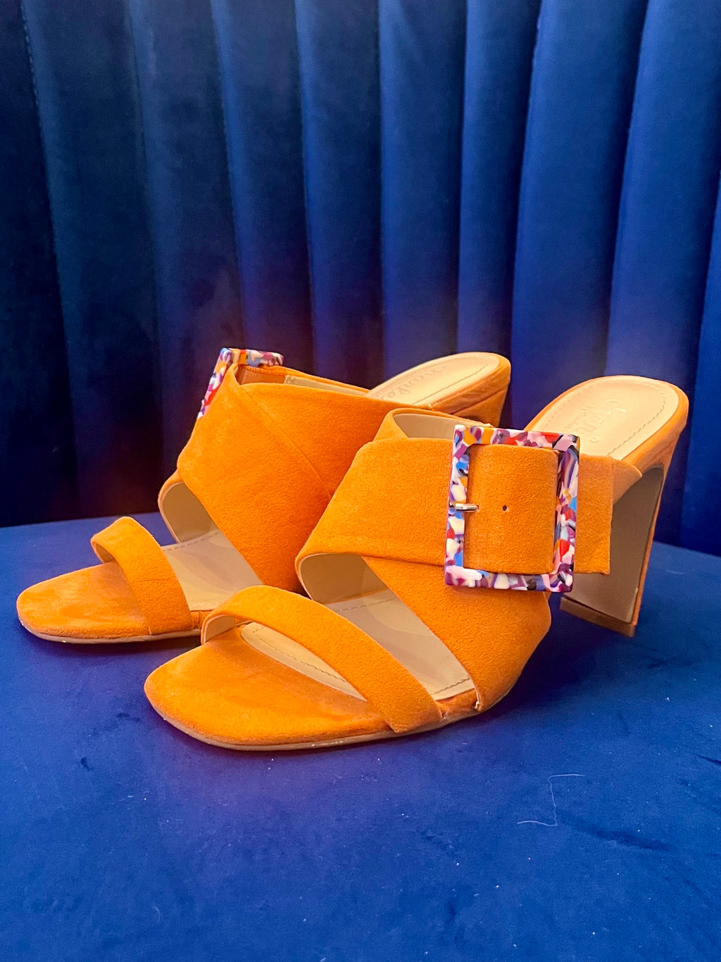 Charles by Charles David Orange Suede Mule Heels w Multicolor Resin Buckle – Size 6.5