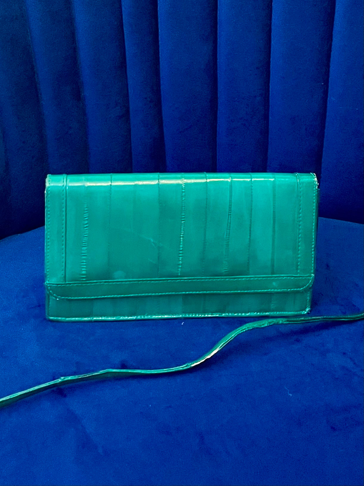 Emerald Green Eel Skin Crossbody Clutch w Mirror | Glossy Exotic Leather Bag