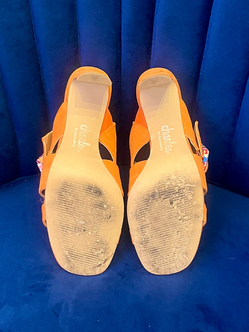 Charles by Charles David Orange Suede Mule Heels w Multicolor Resin Buckle – Size 6.5