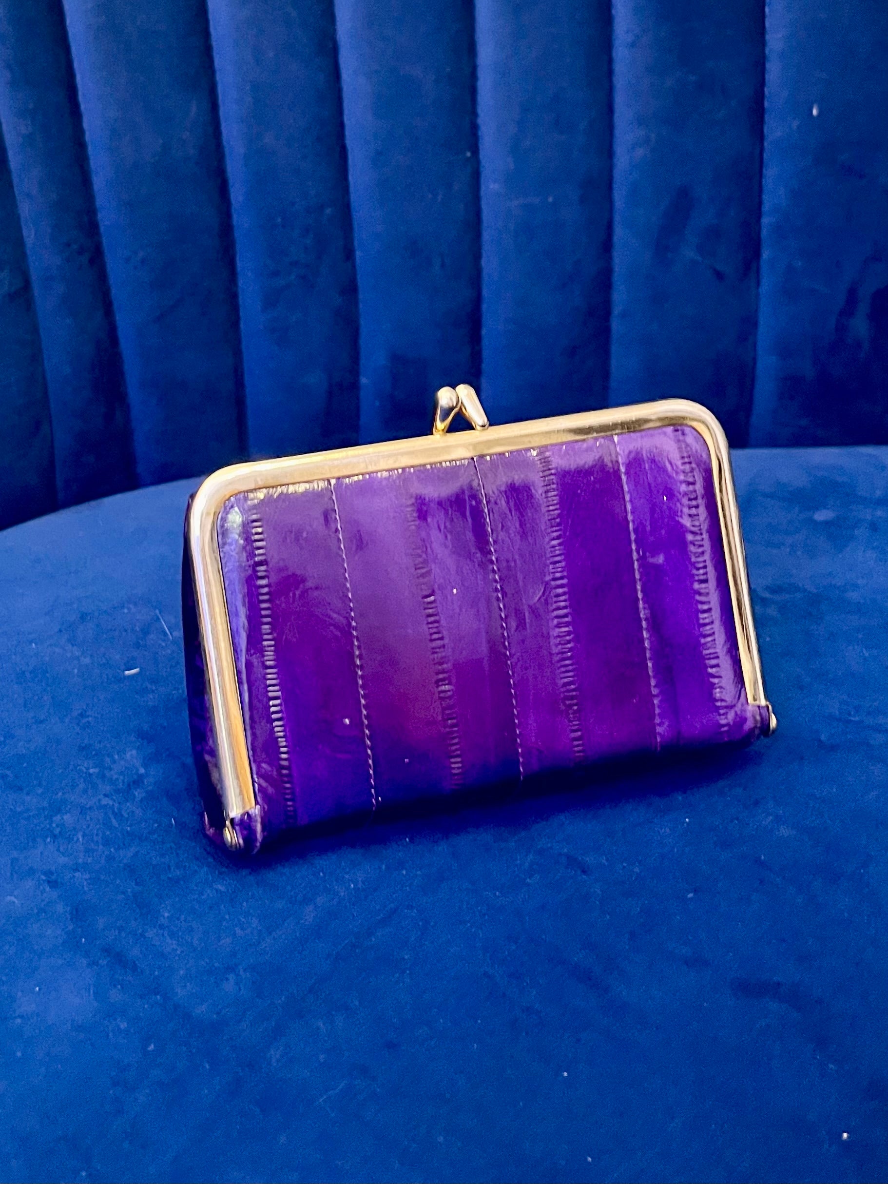 Vintage Purple & Gold Eel Skin Clutch with Mirror | Glossy Exotic Evening Bag