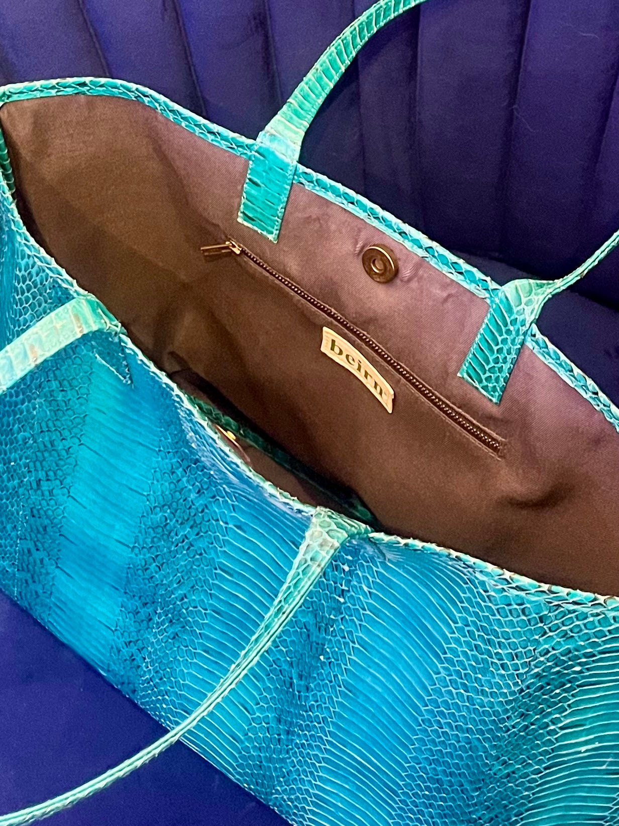 Beirn Turquoise Genuine Python Leather Tote Bag with Removable Matching Clutch