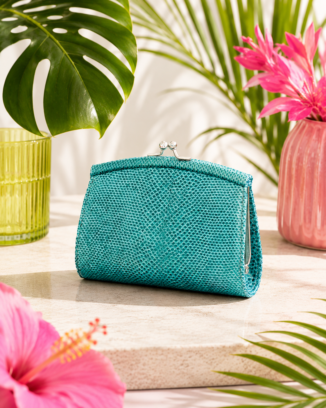 Judith Leiber Teal Karung Lizard Wallet – Crystal Kiss Lock Coin Purse