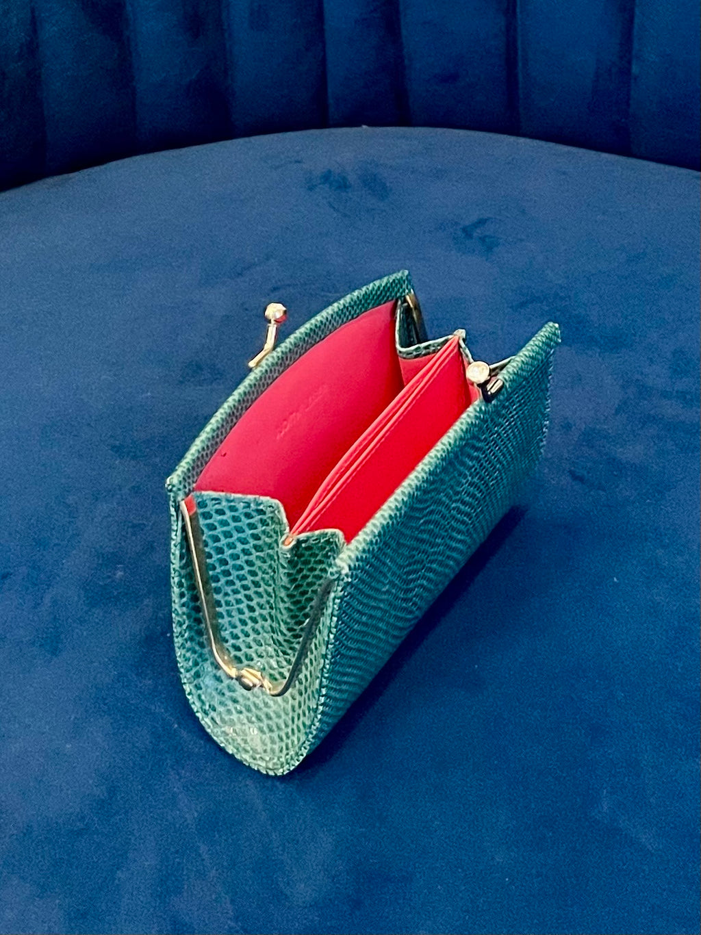 Judith Leiber Teal Karung Lizard Wallet – Crystal Kiss Lock Coin Purse