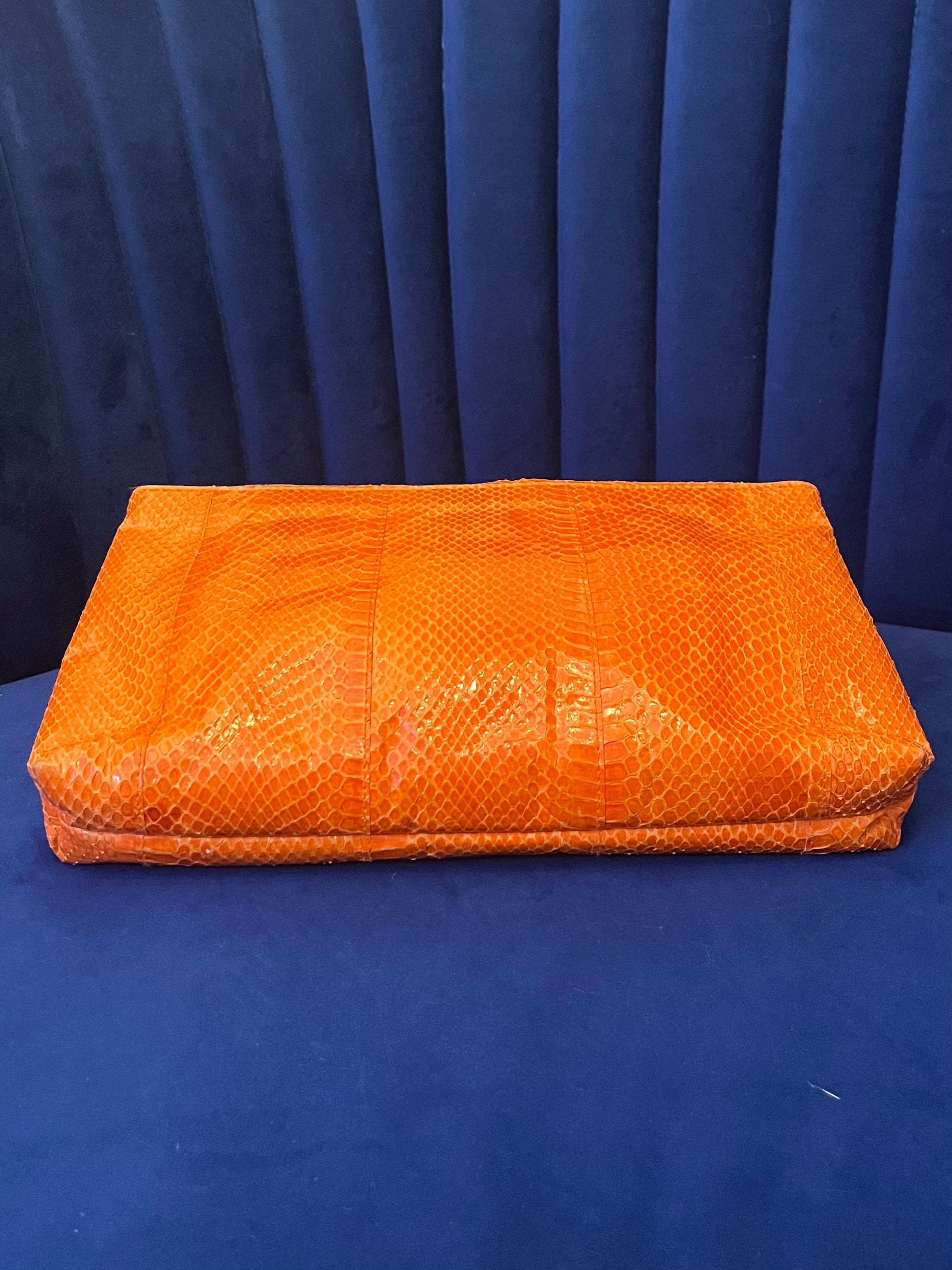 Vintage Genuine Snakeskin Bag - Bright Orange Exotic Leather Clutch - Y2K