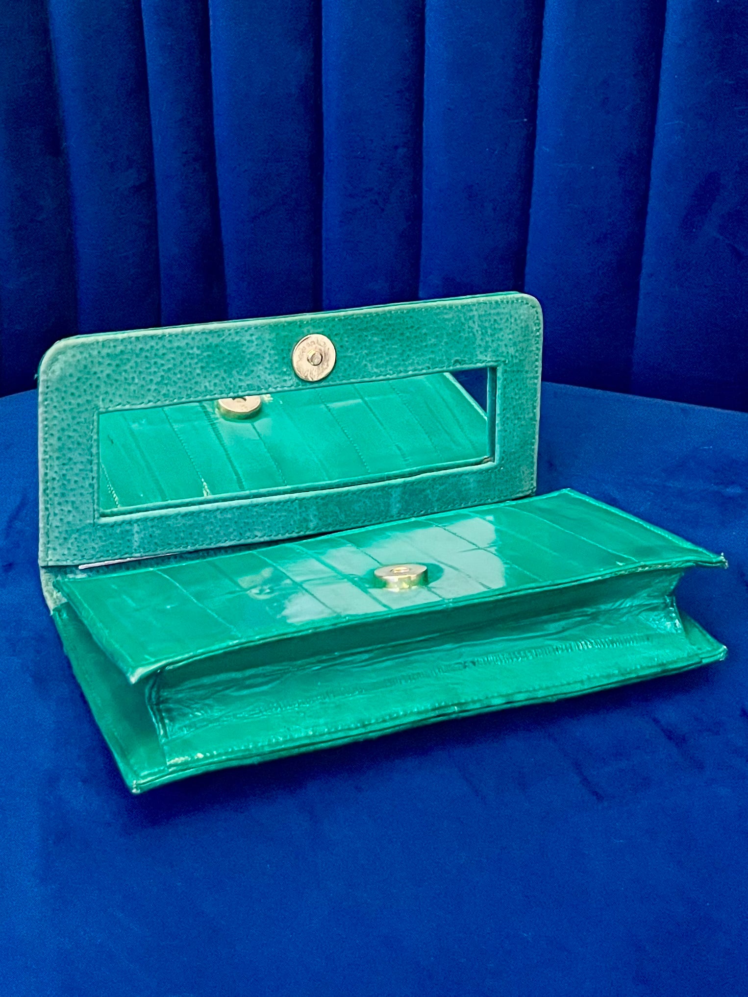 Emerald Green Eel Skin Crossbody Clutch w Mirror | Glossy Exotic Leather Bag