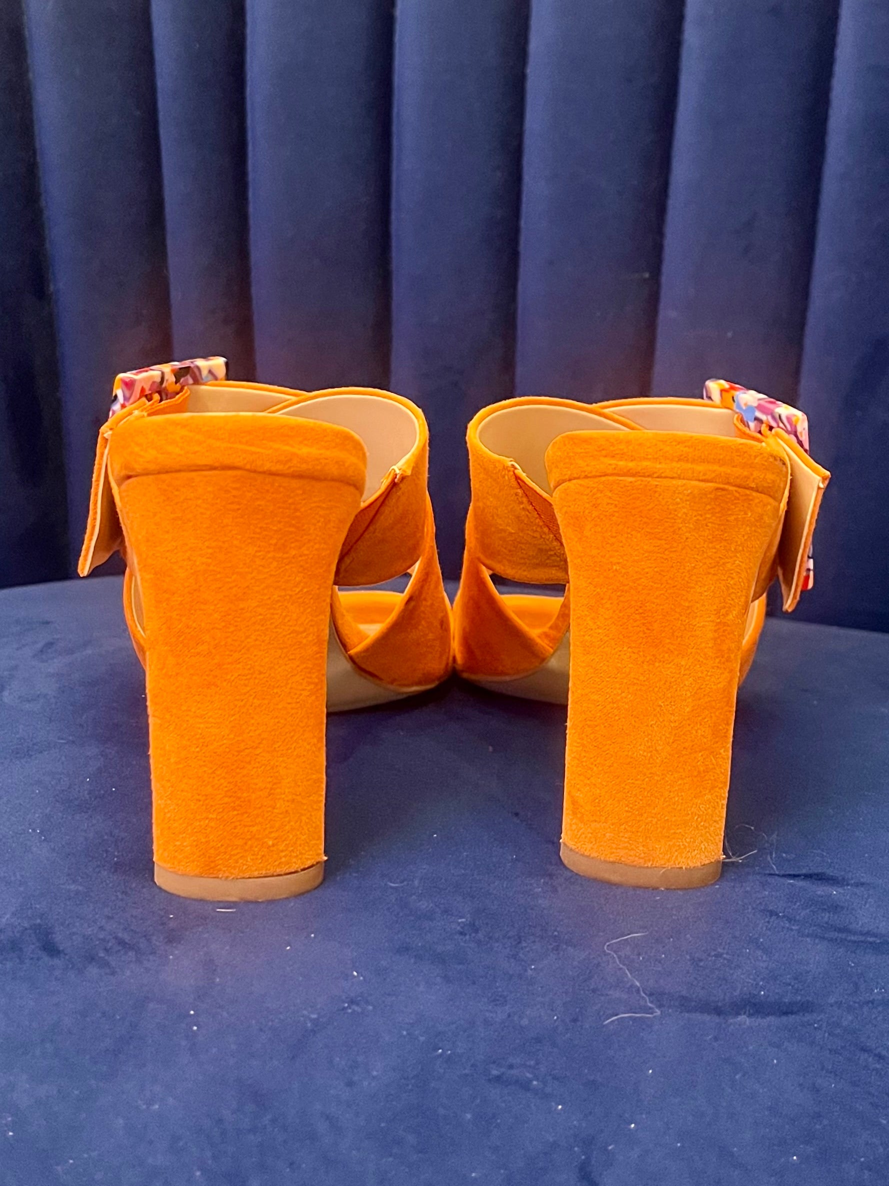 Charles by Charles David Orange Suede Mule Heels w Multicolor Resin Buckle – Size 6.5