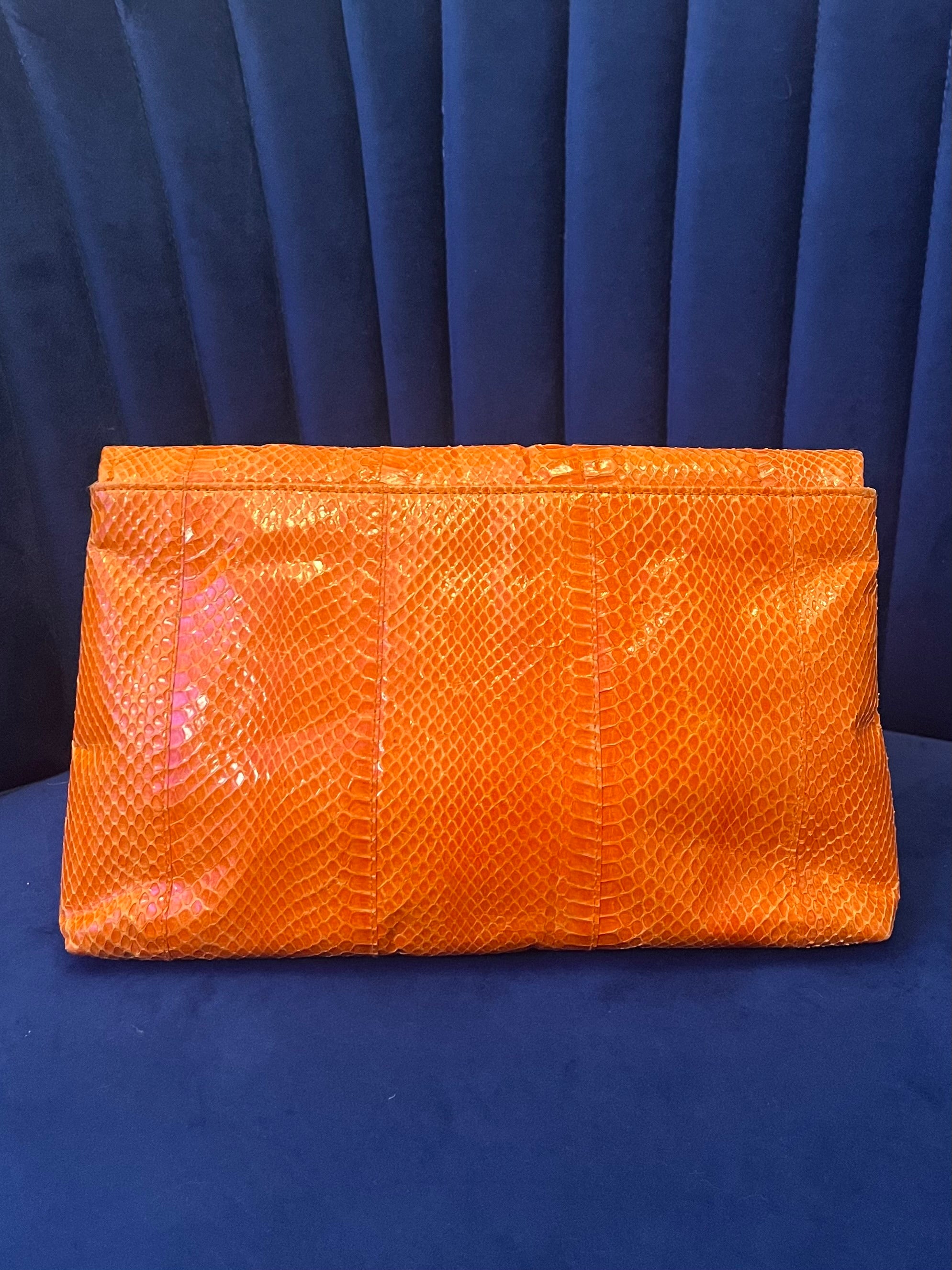 Vintage Genuine Snakeskin Bag - Bright Orange Exotic Leather Clutch - Y2K