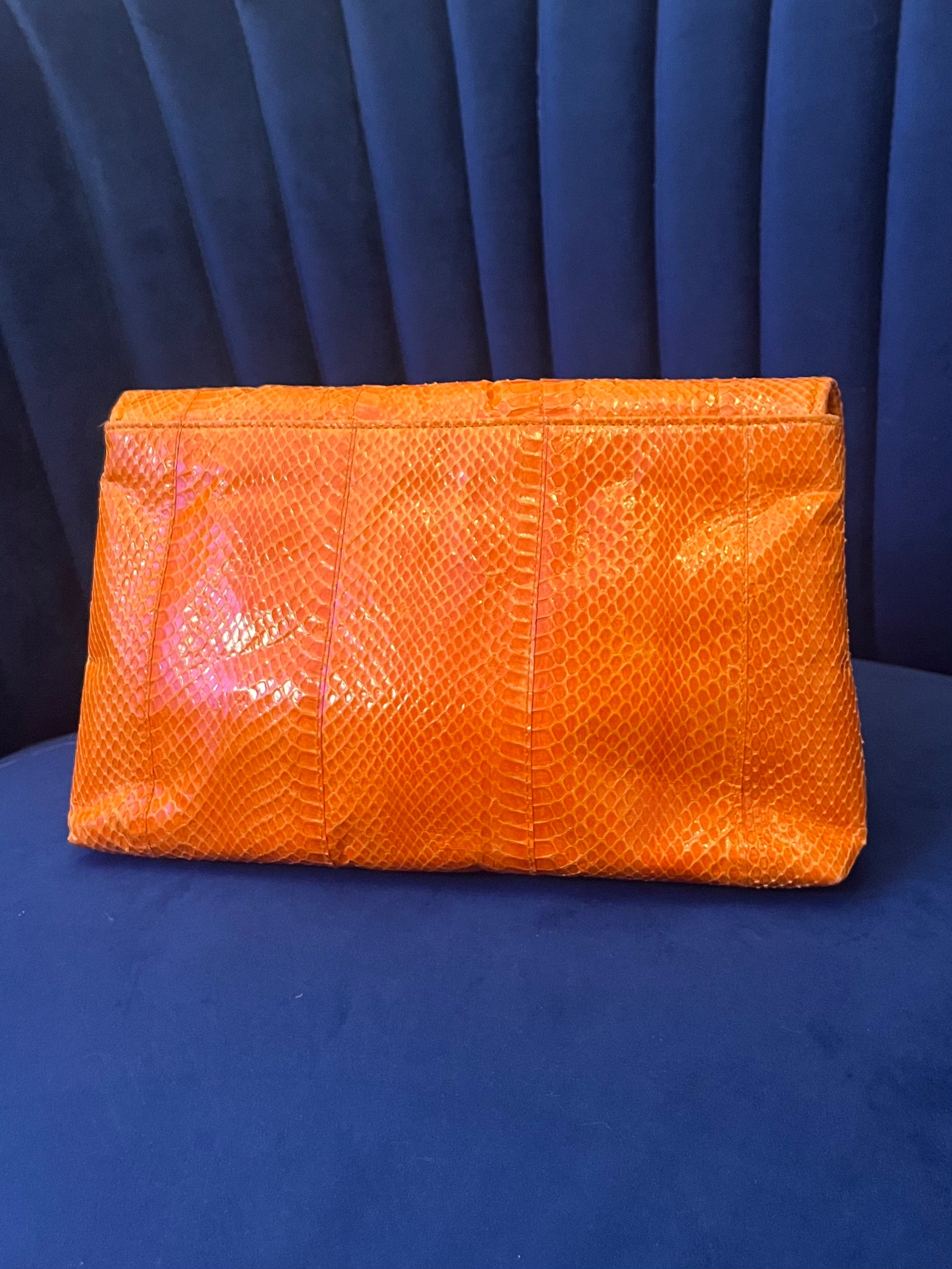 Vintage Genuine Snakeskin Bag - Bright Orange Exotic Leather Clutch - Y2K