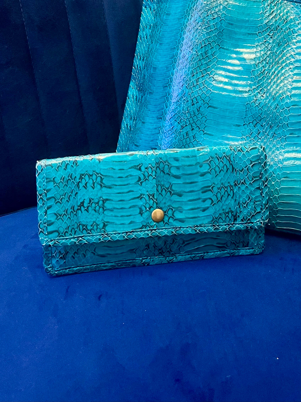 Beirn Turquoise Genuine Python Leather Tote Bag with Removable Matching Clutch