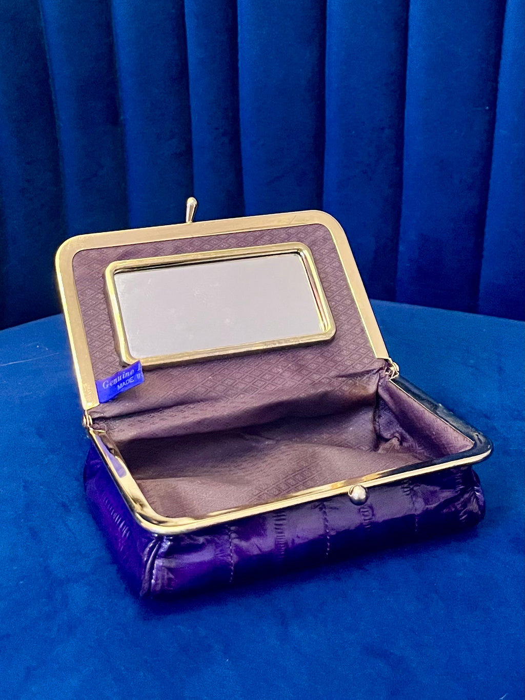 Vintage Purple & Gold Eel Skin Clutch with Mirror | Glossy Exotic Evening Bag