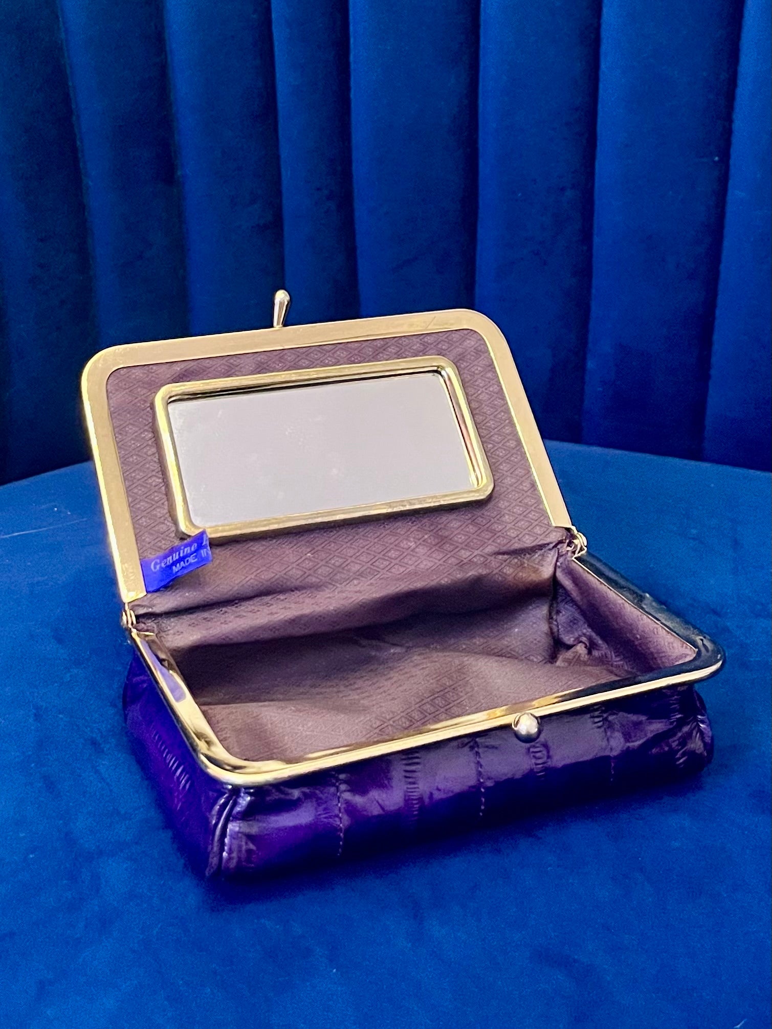 Vintage Purple & Gold Eel Skin Clutch with Mirror | Glossy Exotic Evening Bag