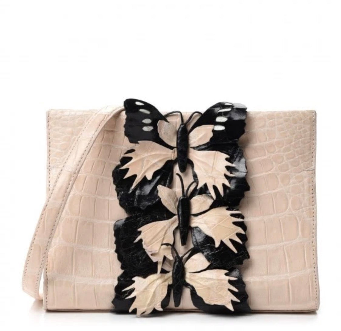 Nancy Gonzalez Blush Pink & Black Caiman Crocodile Butterfly Clutch / Crossbody
