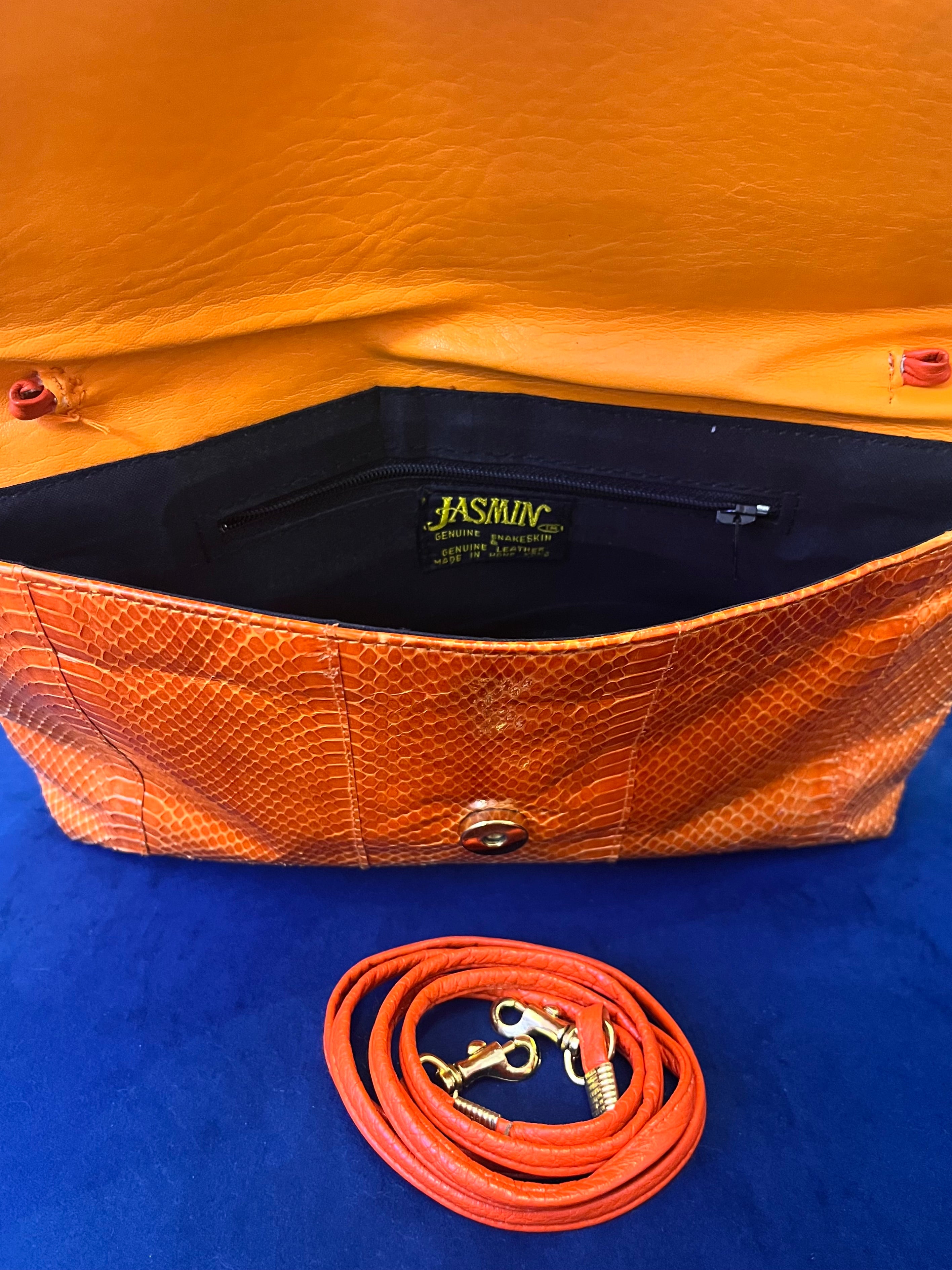Vintage Genuine Snakeskin Bag - Bright Orange Exotic Leather Clutch - Y2K