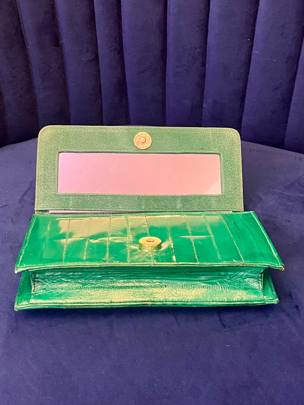 Emerald Green Eel Skin Crossbody Clutch w Mirror | Glossy Exotic Leather Bag