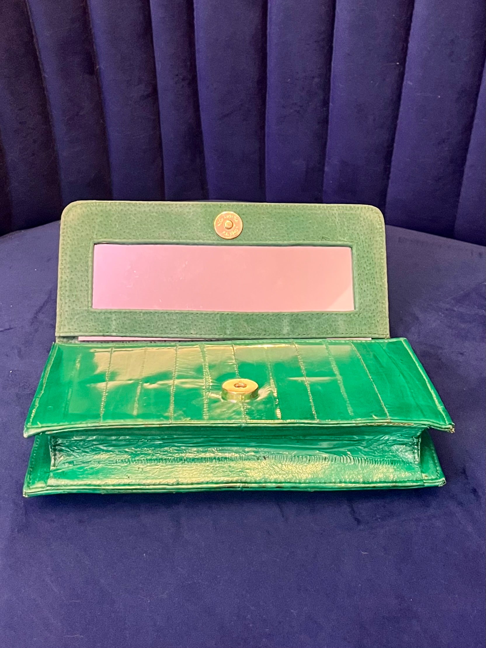 Emerald Green Eel Skin Crossbody Clutch w Mirror | Glossy Exotic Leather Bag