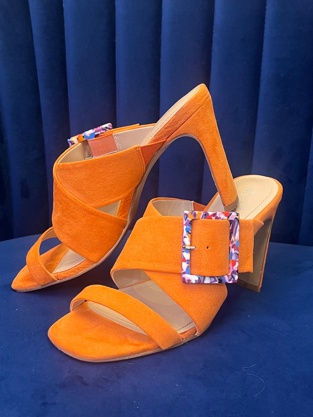 Charles by Charles David Orange Suede Mule Heels w Multicolor Resin Buckle – Size 6.5