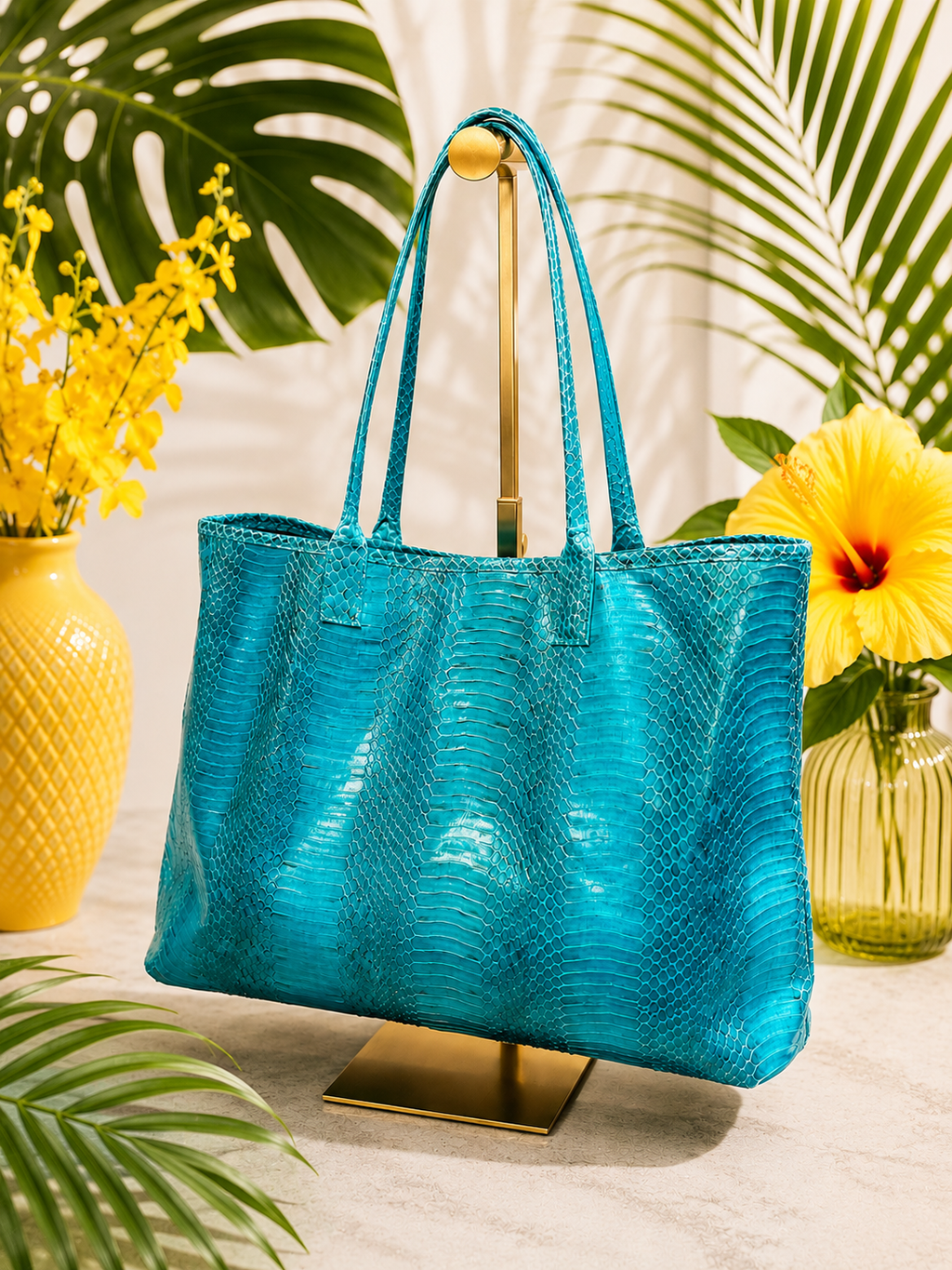 Beirn Turquoise Genuine Python Leather Tote Bag with Removable Matching Clutch