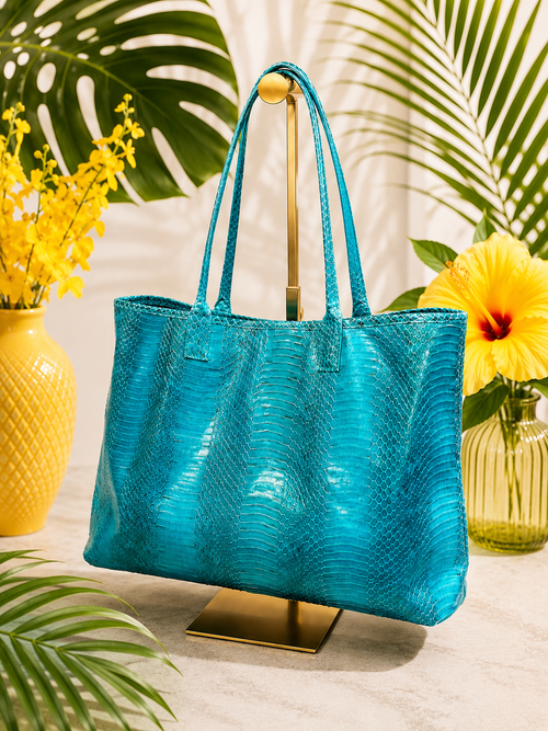 Beirn Turquoise Genuine Python Leather Tote Bag with Removable Matching Clutch