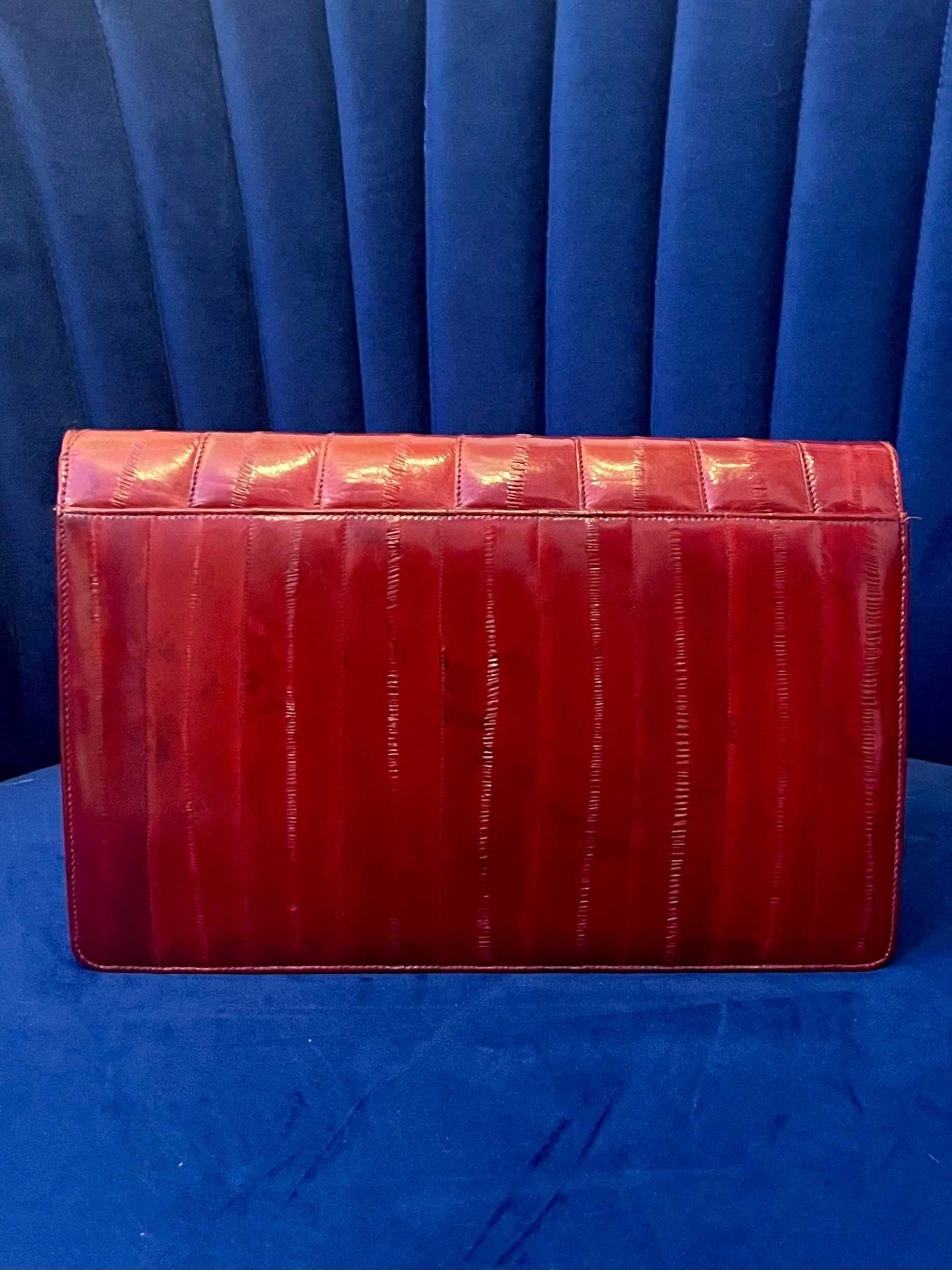Vintage Red Eel Skin Clutch | Textured Exotic Leather | Structured Crossbody