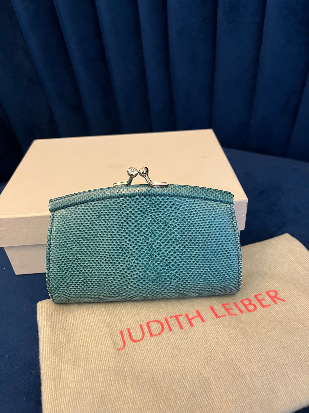 Judith Leiber Teal Karung Lizard Wallet – Crystal Kiss Lock Coin Purse