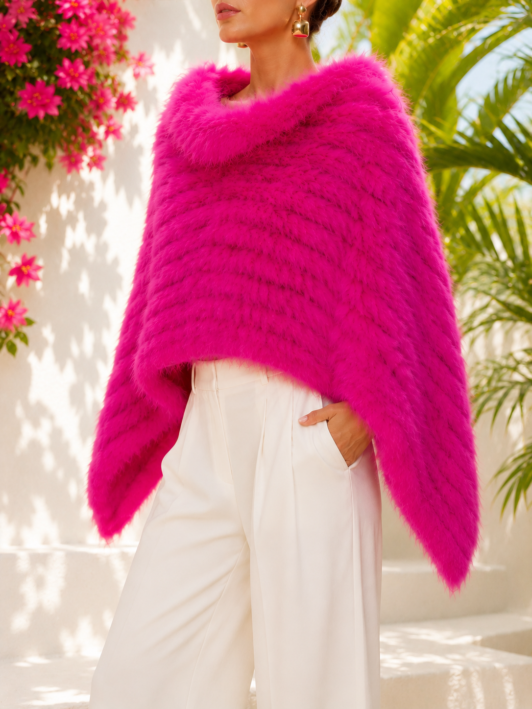 Hot Pink Genuine Rabbit Fur Shawl Wrap Capelet | Luxe Statement Real Fur Poncho