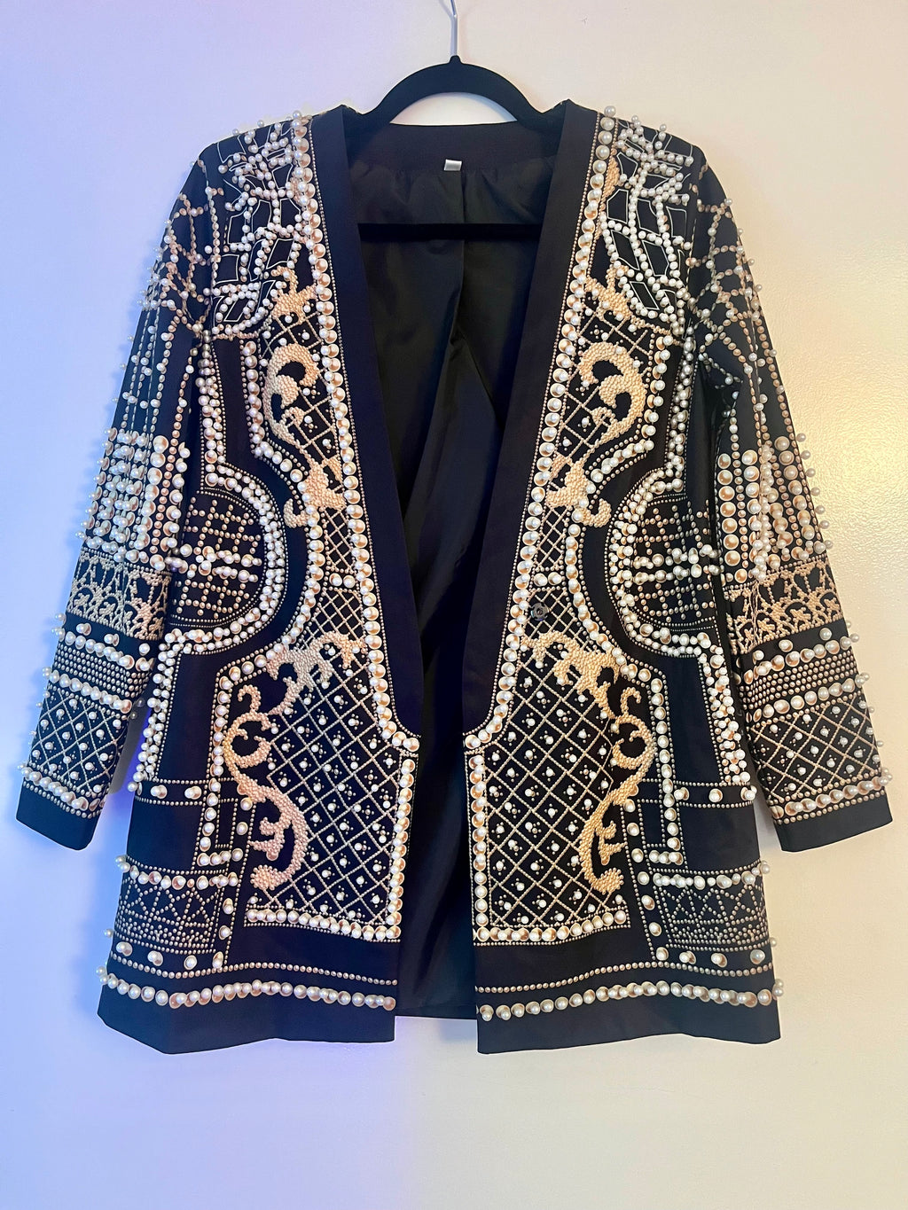 Statement Pearl & Gold Embellished Jacket – Baroque Beaded Blazer w Pockets