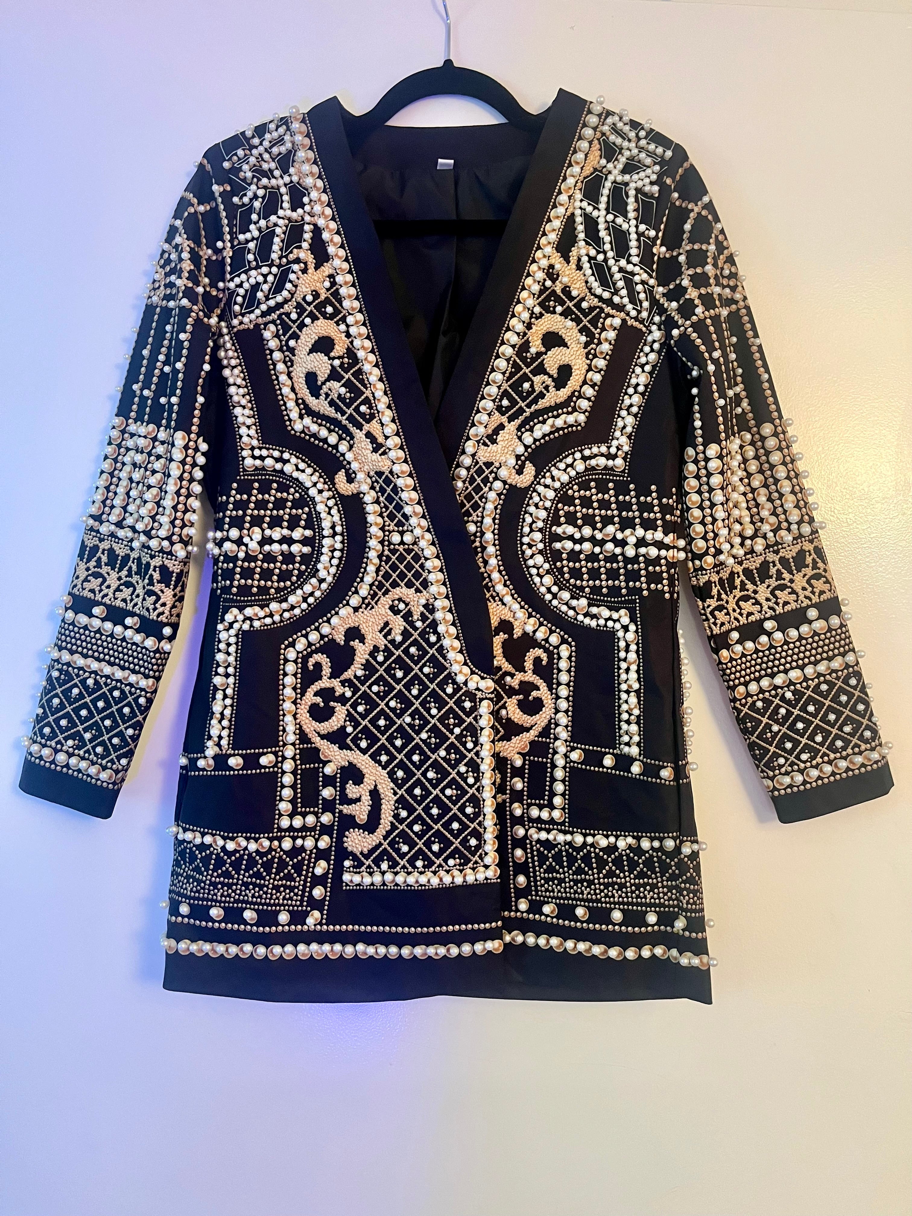 Statement Pearl & Gold Embellished Jacket – Baroque Beaded Blazer w Pockets