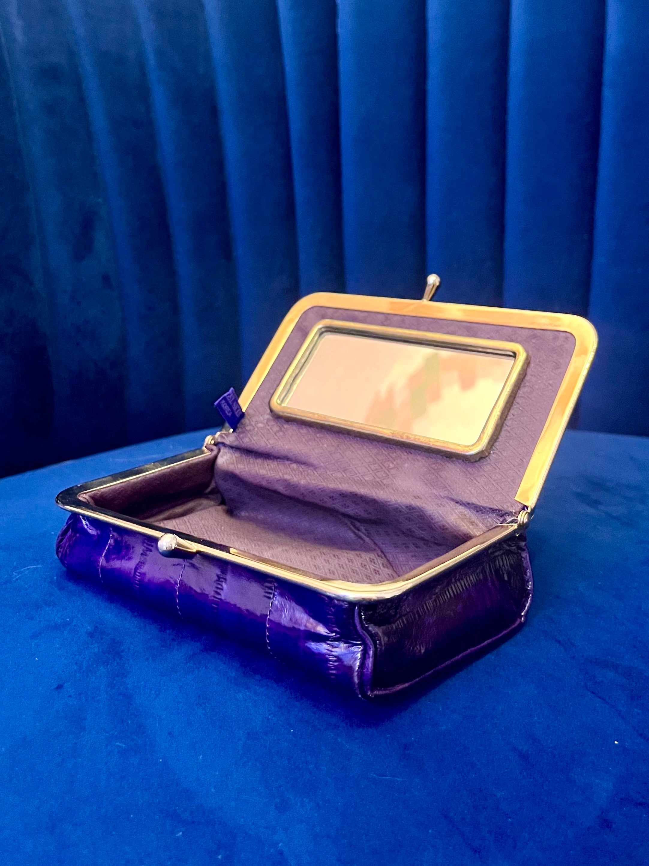 Vintage Purple & Gold Eel Skin Clutch with Mirror | Glossy Exotic Evening Bag