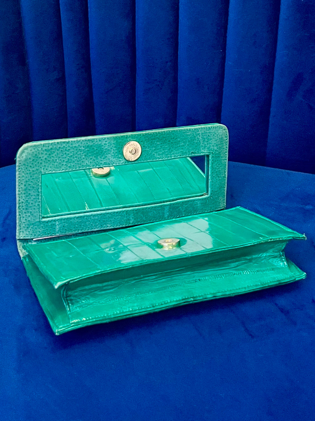 Emerald Green Eel Skin Crossbody Clutch w Mirror | Glossy Exotic Leather Bag