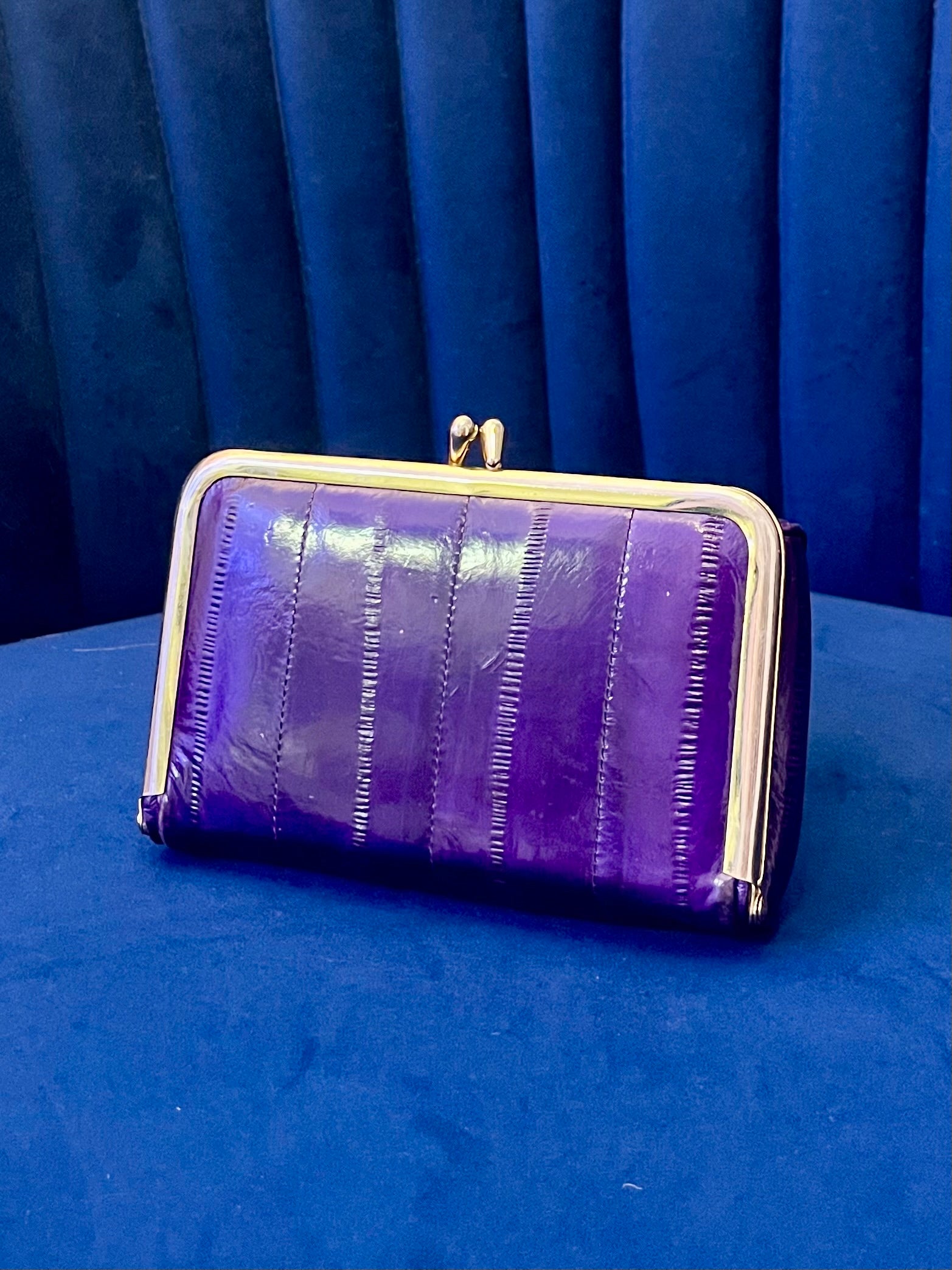 Vintage Purple & Gold Eel Skin Clutch with Mirror | Glossy Exotic Evening Bag