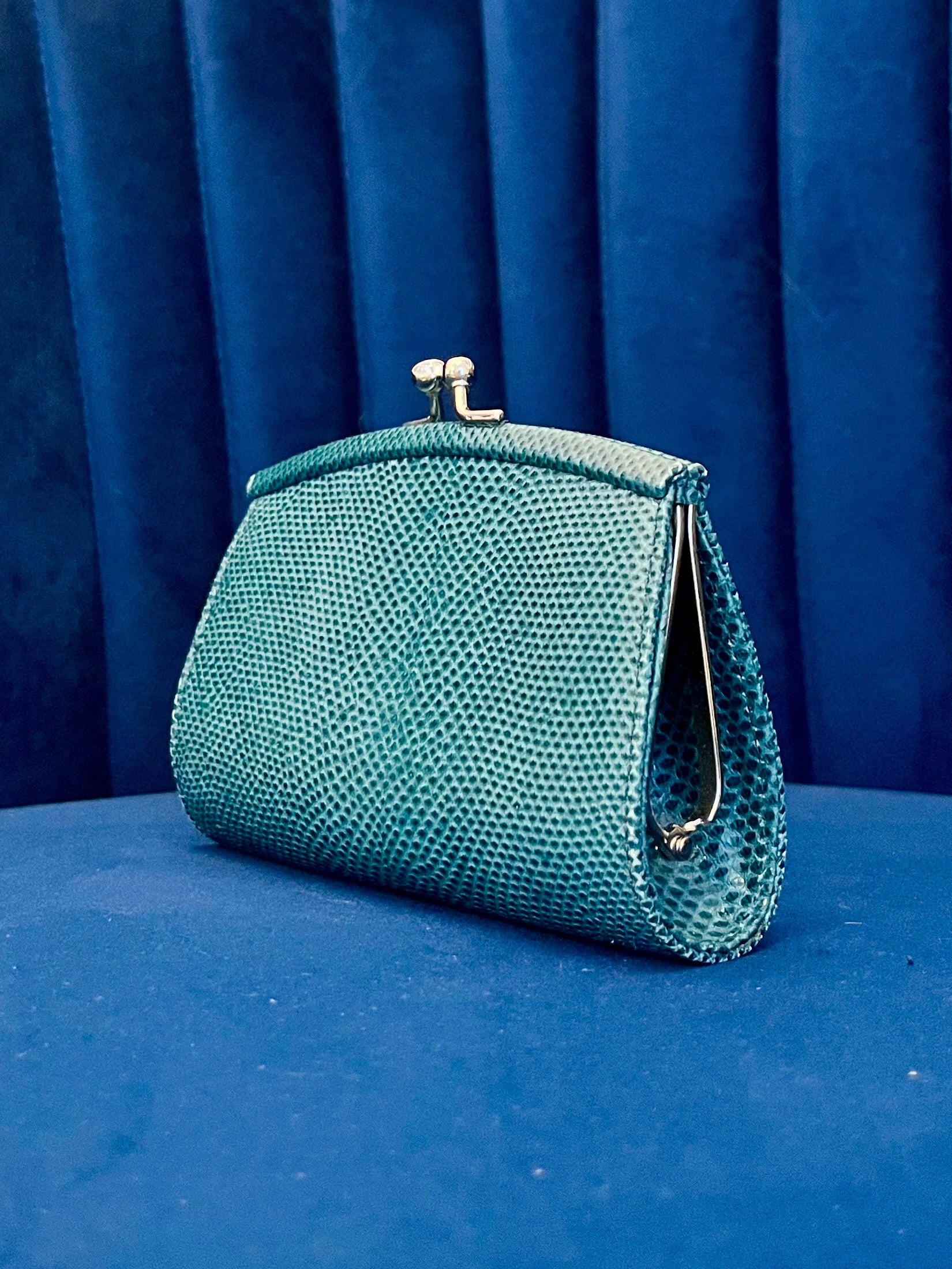 Judith Leiber Teal Karung Lizard Wallet – Crystal Kiss Lock Coin Purse