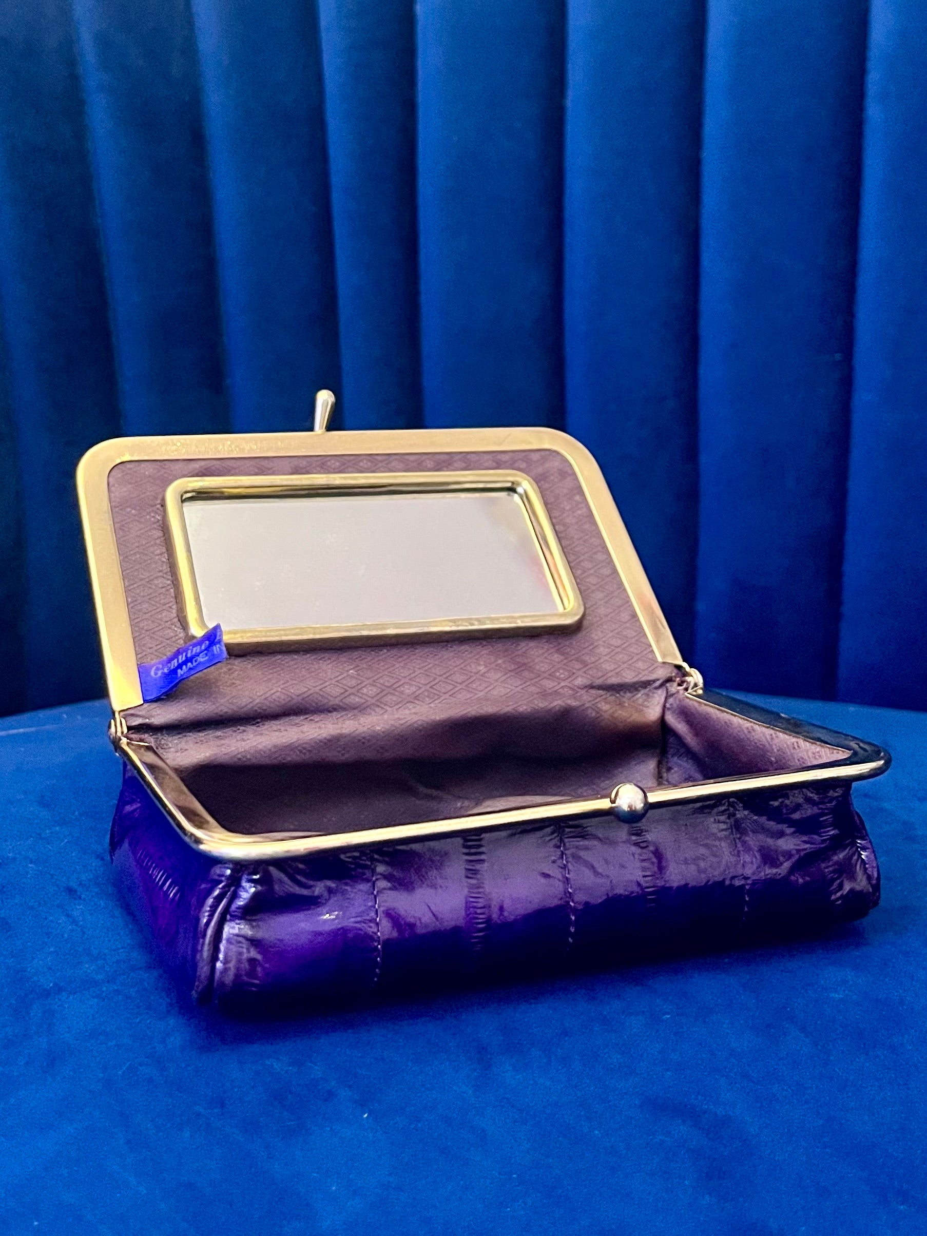 Vintage Purple & Gold Eel Skin Clutch with Mirror | Glossy Exotic Evening Bag