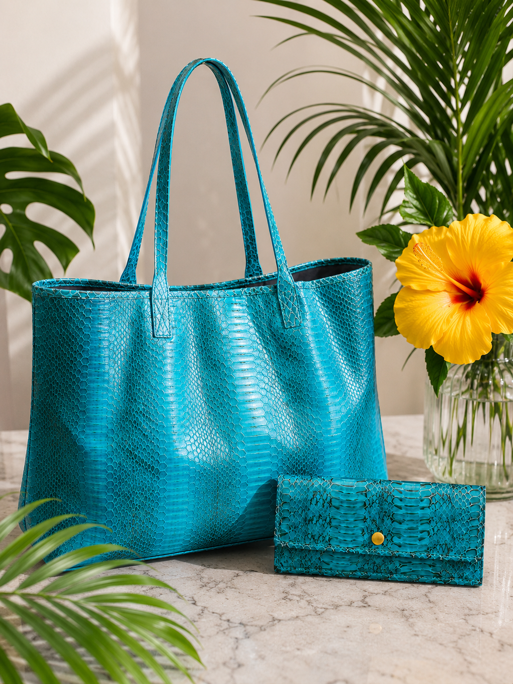 Beirn Turquoise Genuine Python Leather Tote Bag with Removable Matching Clutch