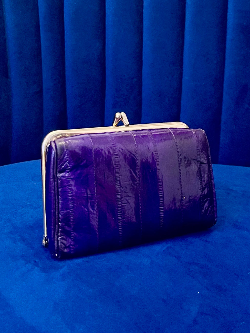 Vintage Purple & Gold Eel Skin Clutch with Mirror | Glossy Exotic Evening Bag