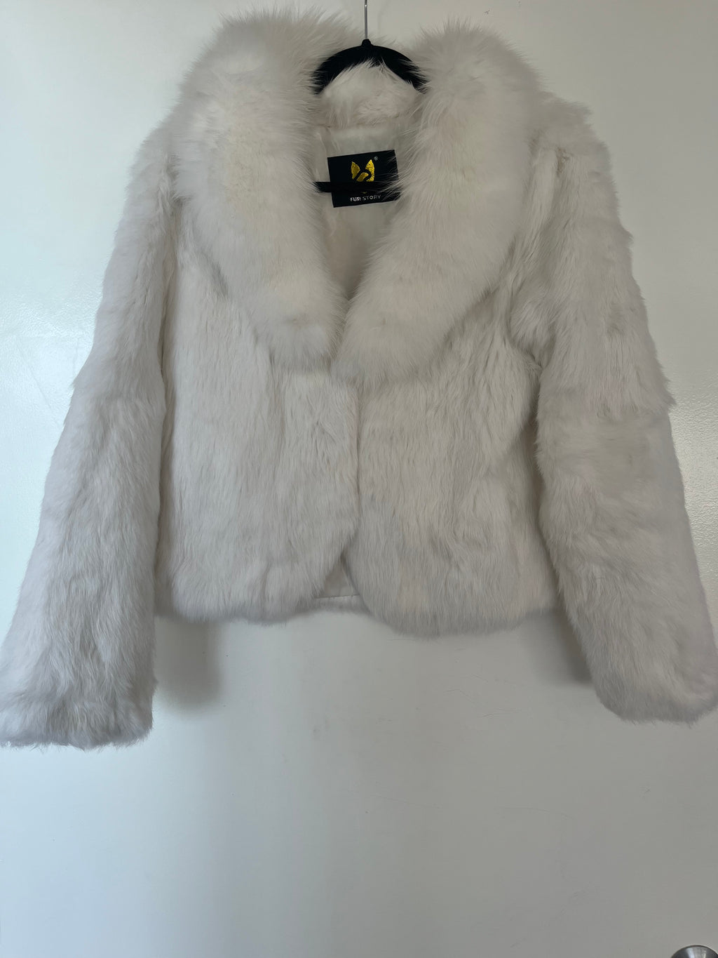 Genuine Rabbit Fur Jacket with Fox Fur Collar – Ivory White Cropped Luxury Coat
