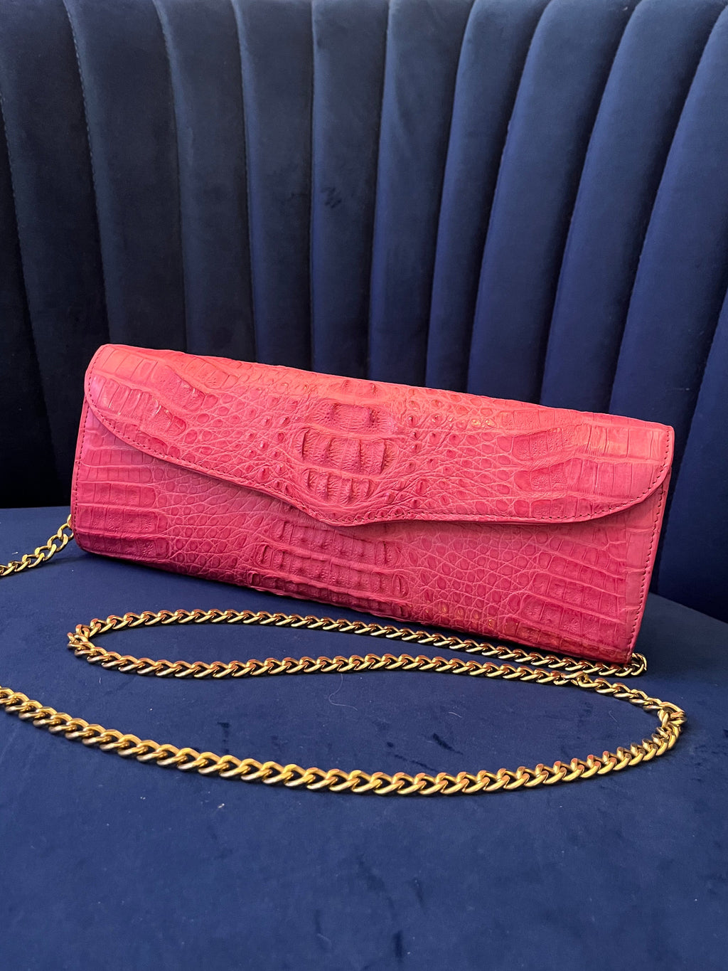 Genuine Hot Pink Crocodile Leather Clutch Bag | Exotic Shoulder Bag w Gold Chain
