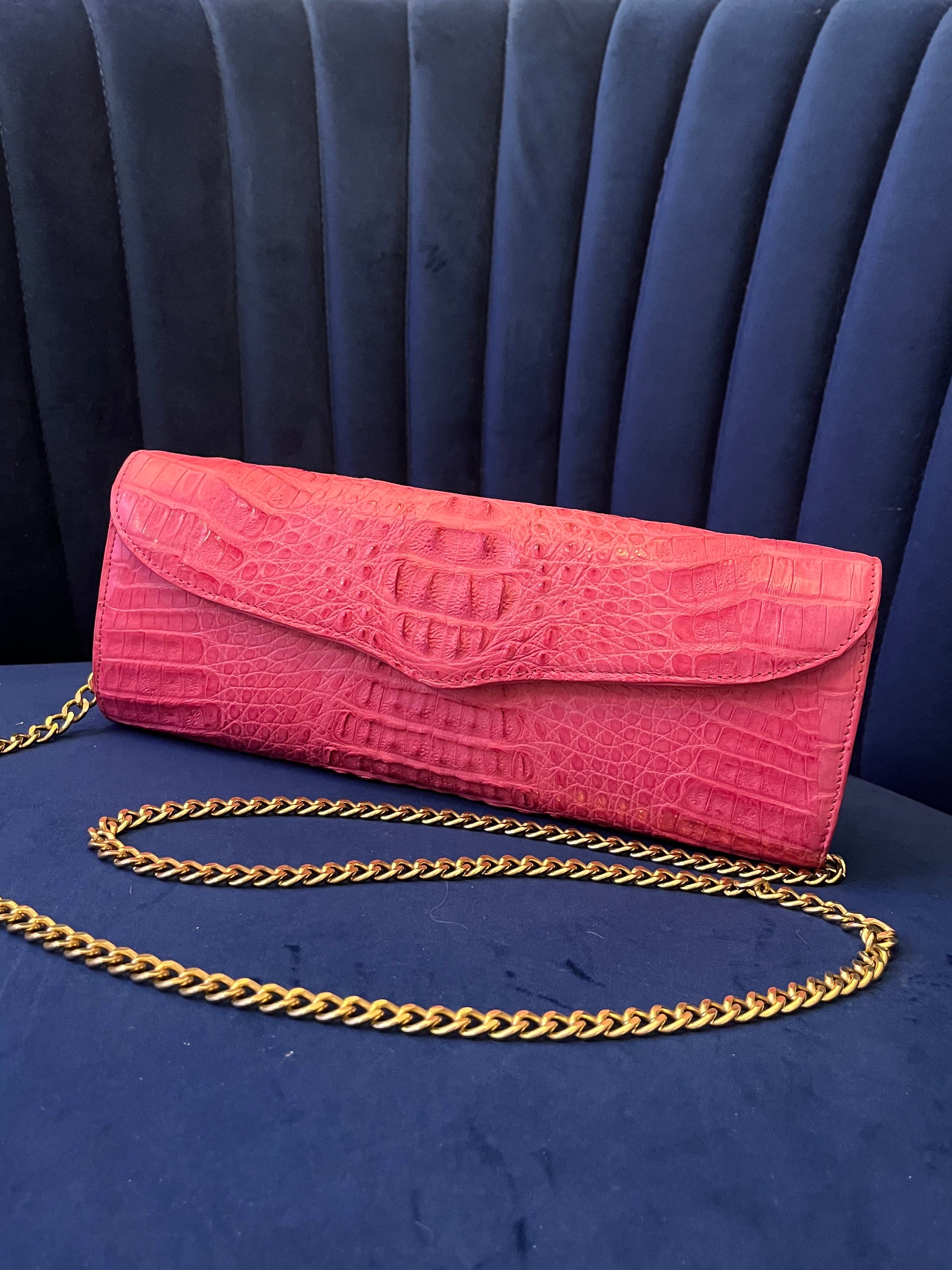 Genuine Hot Pink Crocodile Leather Clutch Bag | Exotic Shoulder Bag w Gold Chain