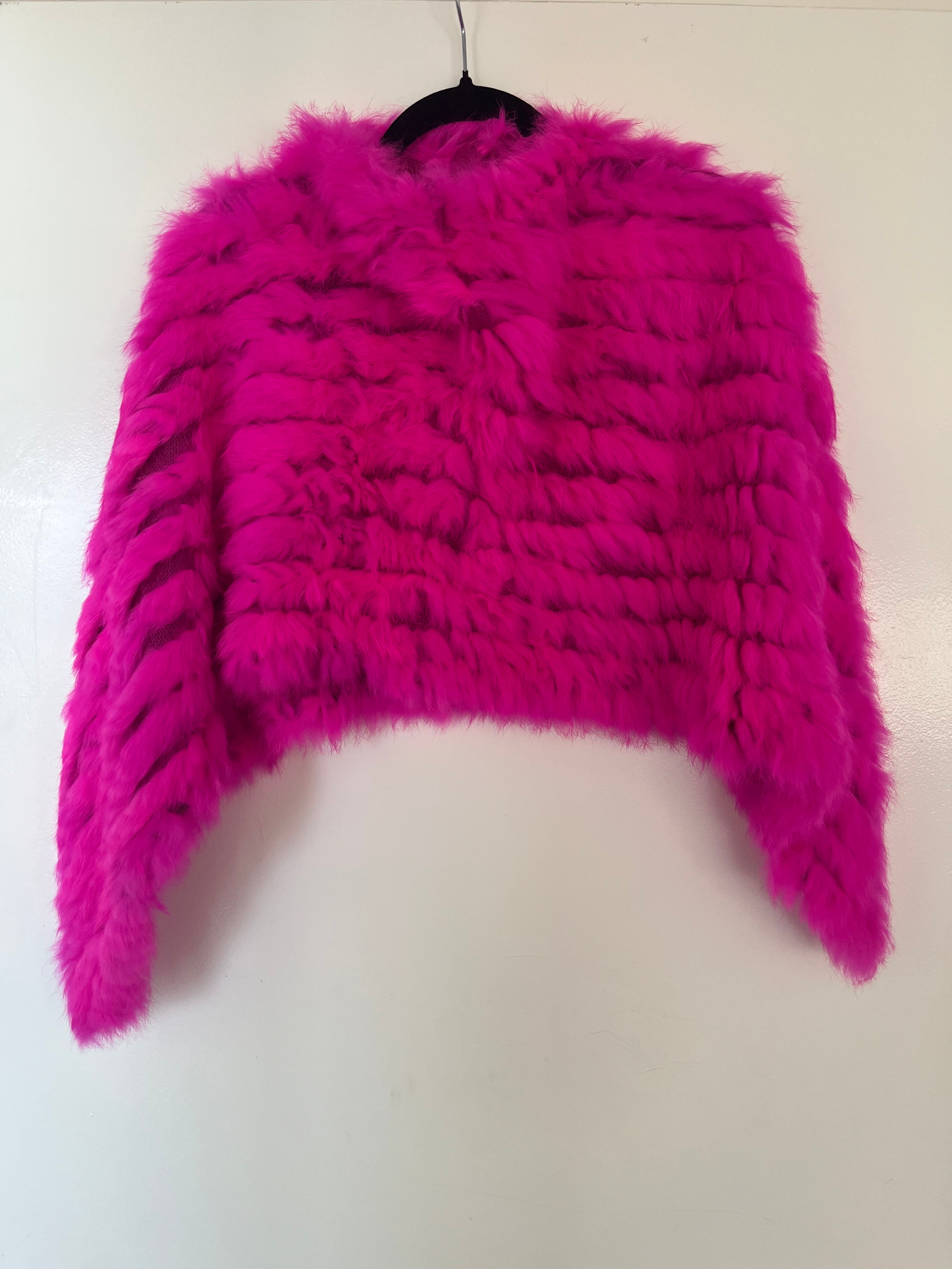Hot Pink Genuine Rabbit Fur Shawl Wrap Capelet | Luxe Statement Real Fur Poncho