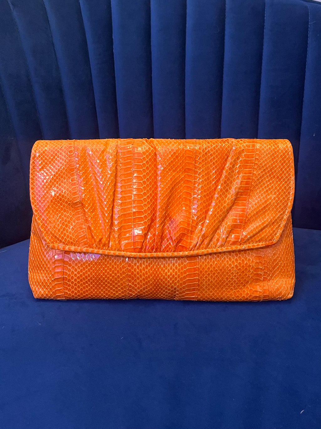 Vintage Genuine Snakeskin Bag - Bright Orange Exotic Leather Clutch - Y2K