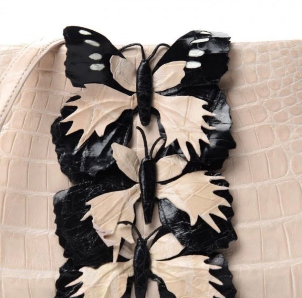 Nancy Gonzalez Blush Pink & Black Caiman Crocodile Butterfly Clutch / Crossbody