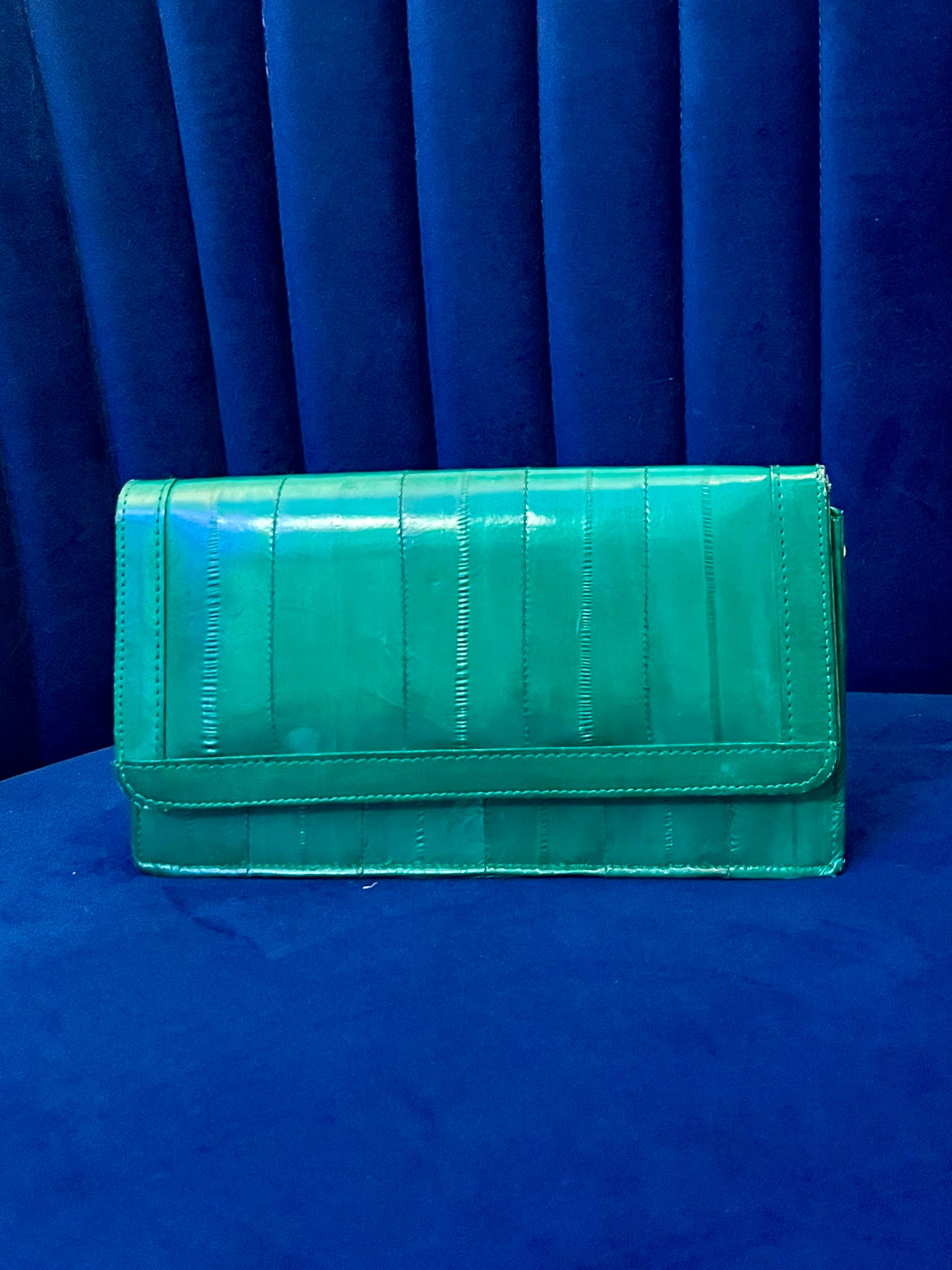 Emerald Green Eel Skin Crossbody Clutch w Mirror | Glossy Exotic Leather Bag