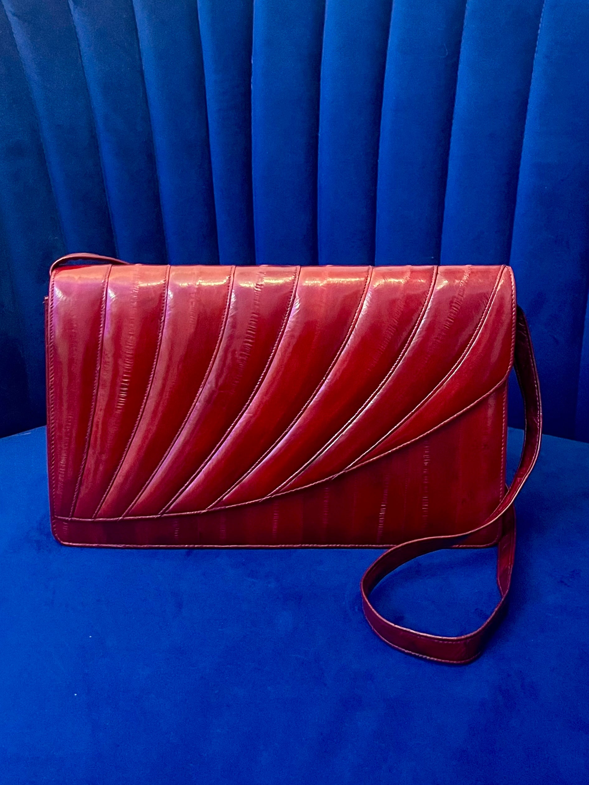 Vintage Red Eel Skin Clutch | Textured Exotic Leather | Structured Crossbody