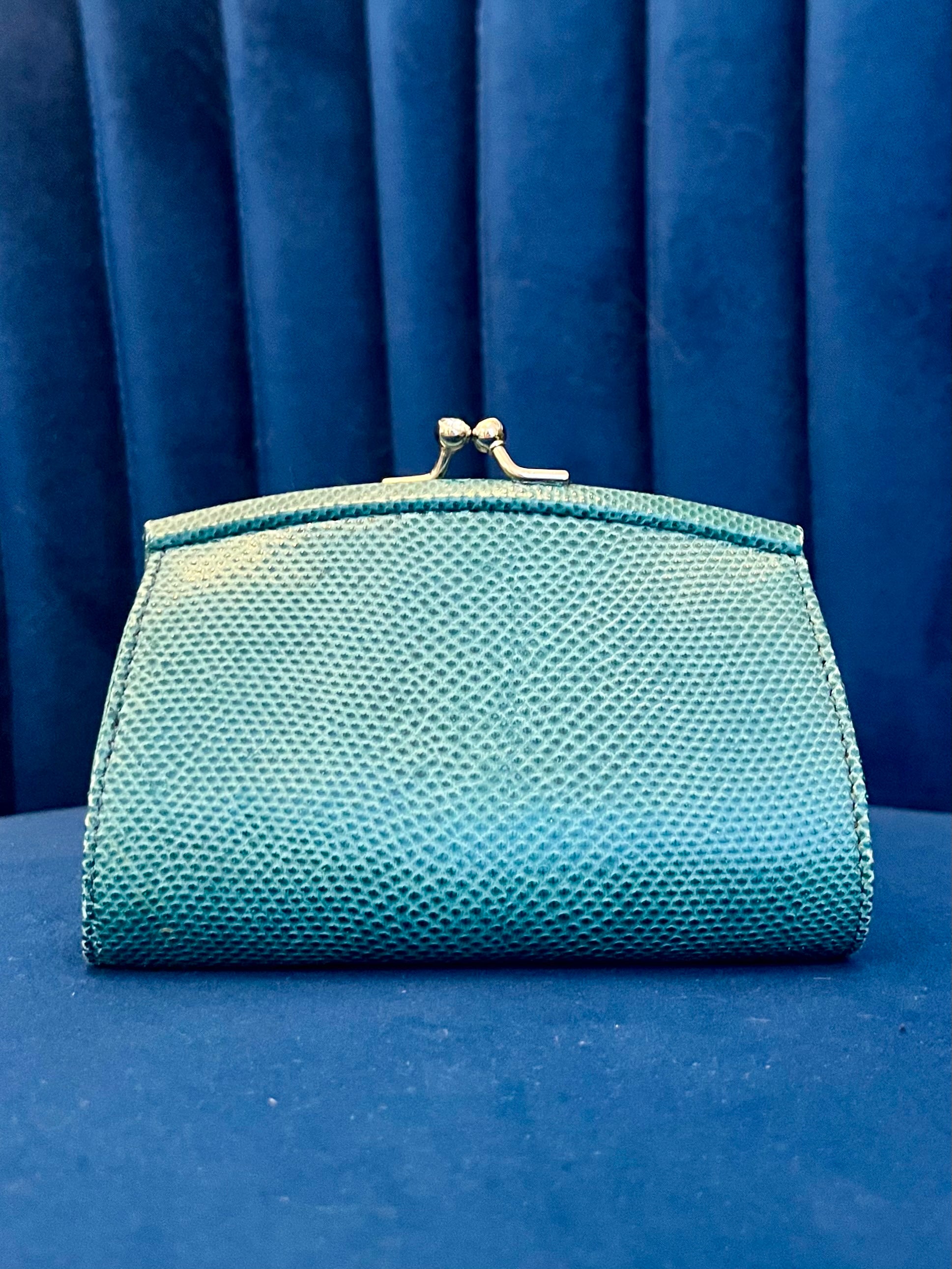 Judith Leiber Teal Karung Lizard Wallet – Crystal Kiss Lock Coin Purse