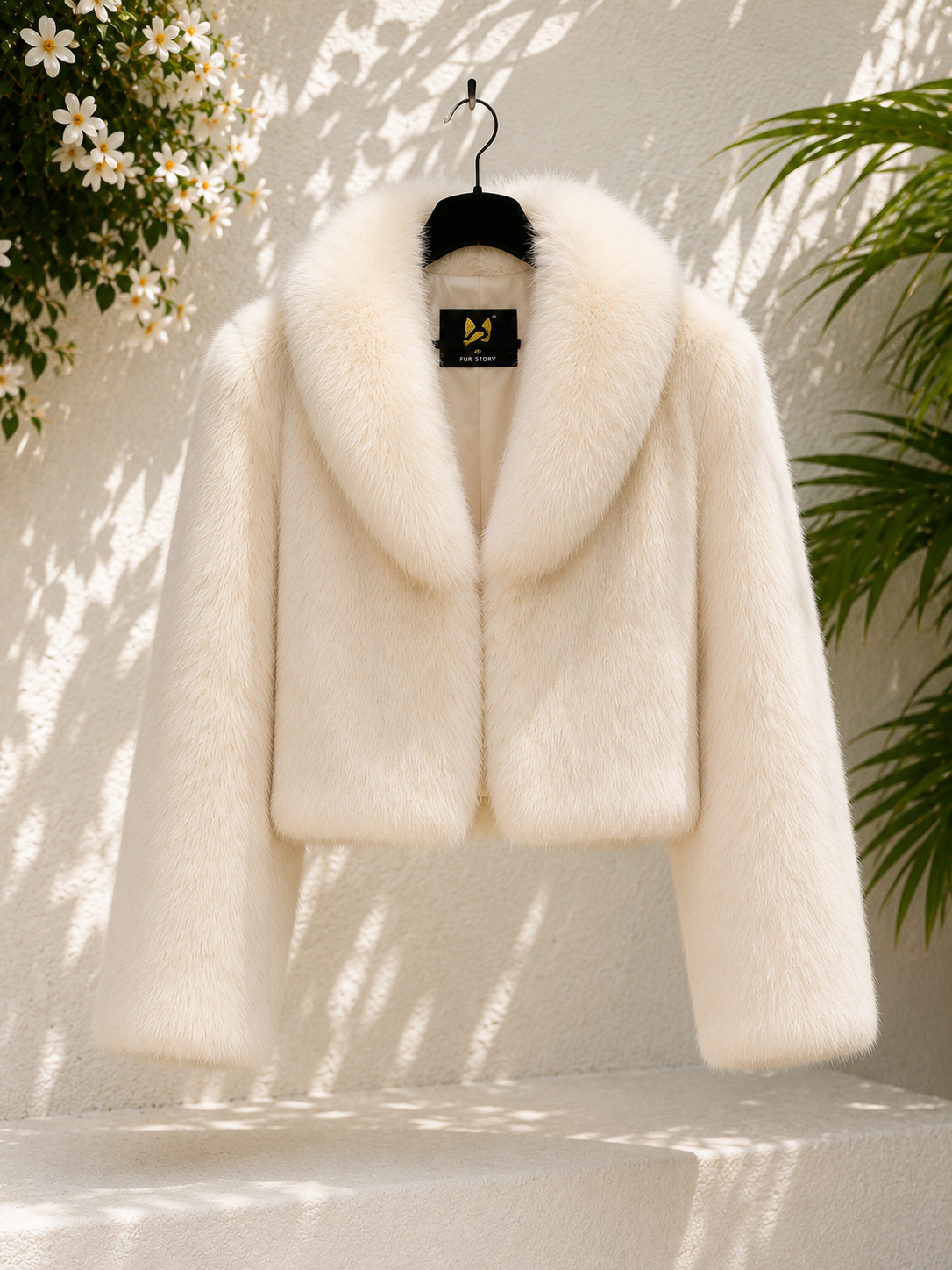 Genuine Rabbit Fur Jacket with Fox Fur Collar – Ivory White Cropped Luxury Coat