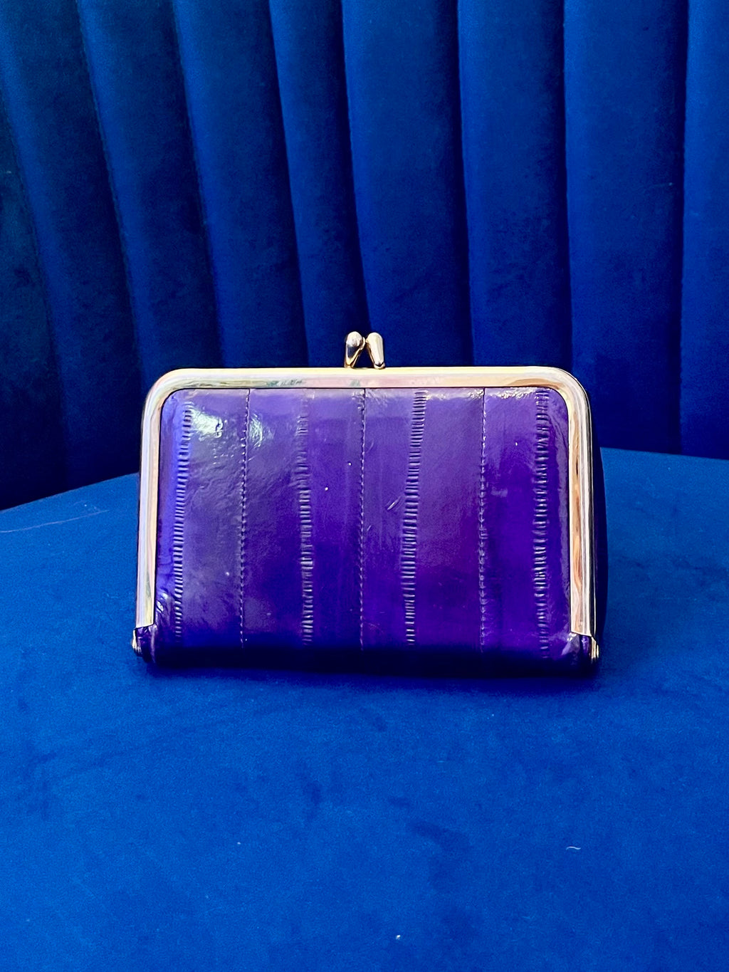 Vintage Purple & Gold Eel Skin Clutch with Mirror | Glossy Exotic Evening Bag