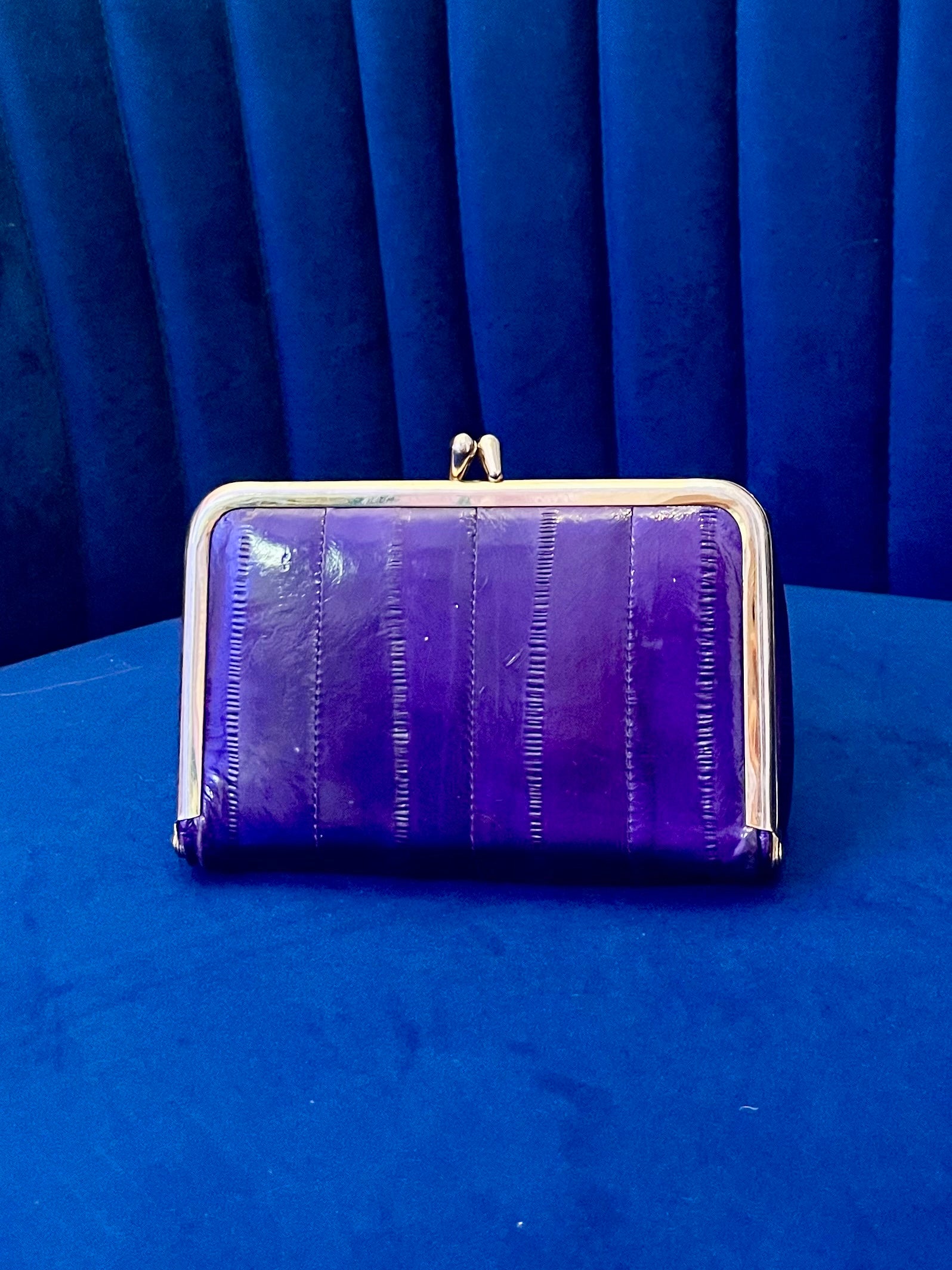 Vintage Purple & Gold Eel Skin Clutch with Mirror | Glossy Exotic Evening Bag