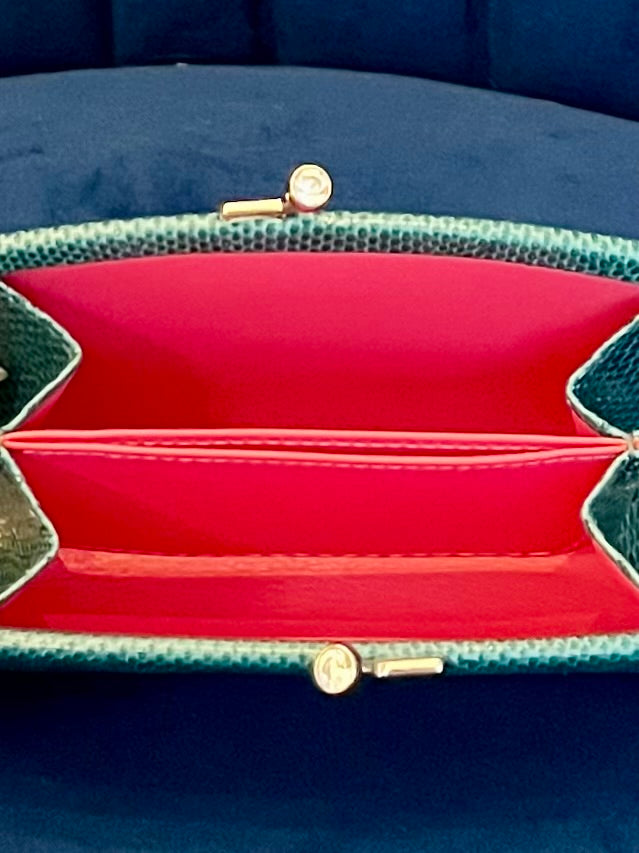 Judith Leiber Teal Karung Lizard Wallet – Crystal Kiss Lock Coin Purse