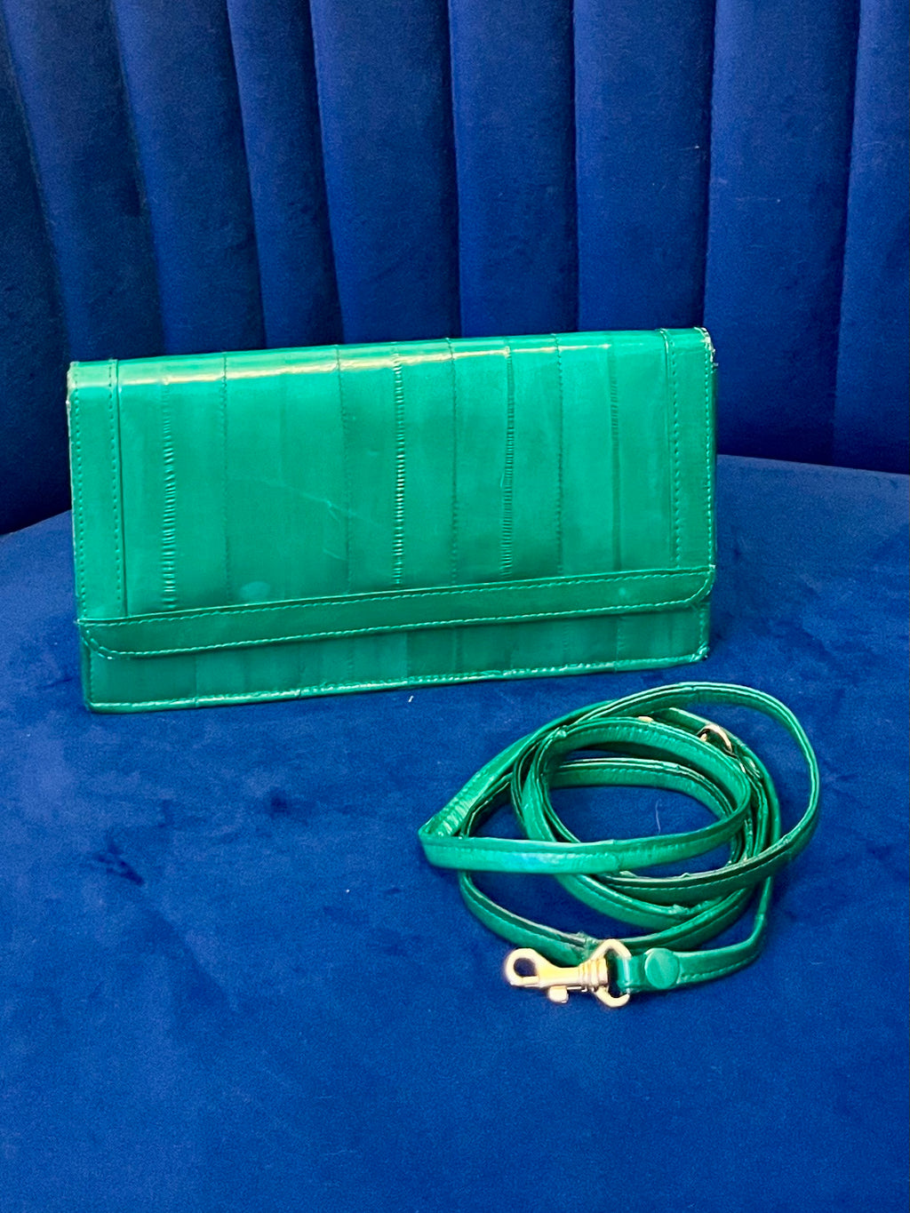 Emerald Green Eel Skin Crossbody Clutch w Mirror | Glossy Exotic Leather Bag